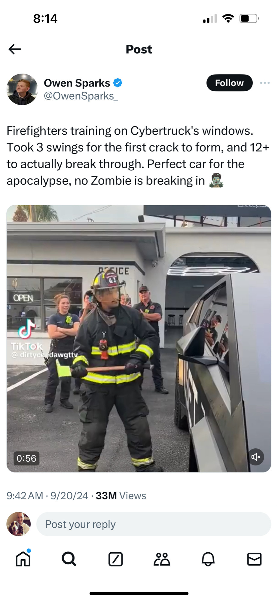 Elon fan boy tweet “firefighters training on Cybertruck’s windows. Took 3 swings for the first crack to form, and 12+ to actually break through. Perfect car for the apocalypse, no zombie is breaking in”

I cannot stress enough that he’s posting this earnestly, as a brag