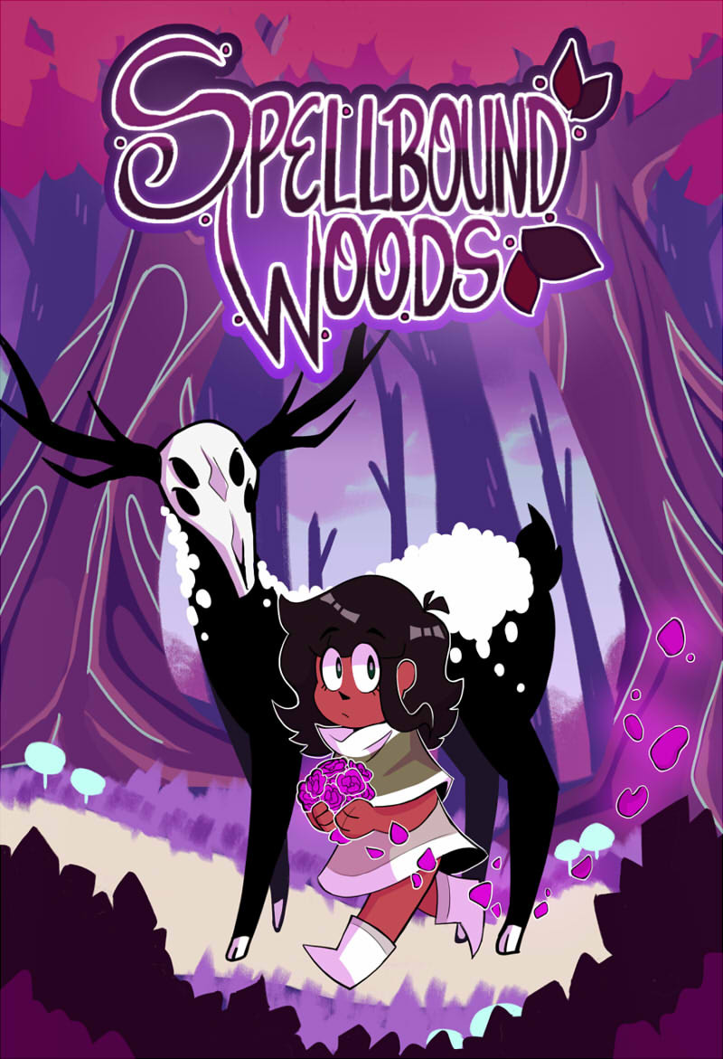 title page for the comic Spellbound Woods, featuring the main character in the center holding a bundle of flowers followed closely behind by a deer-like creature with an exposed skull.