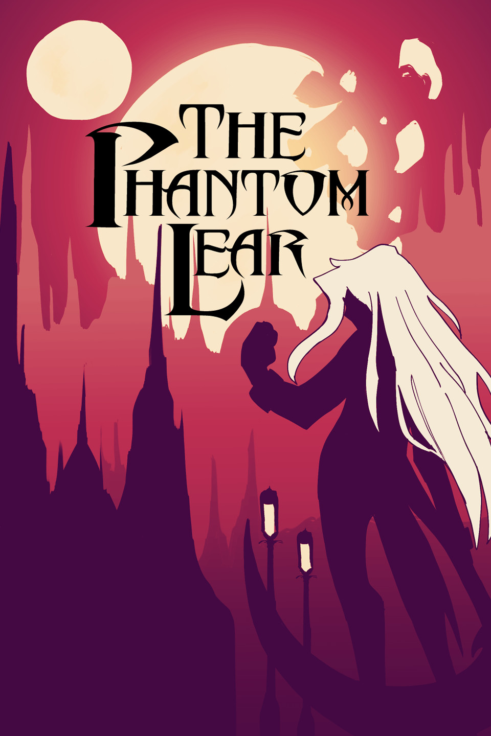 Mock up book cover of The Phantom Lear in red hues featuring a woman with white hair holding a scythe and a small round object in her hand. The woman is outlined by a gothic cityscape and the moon.