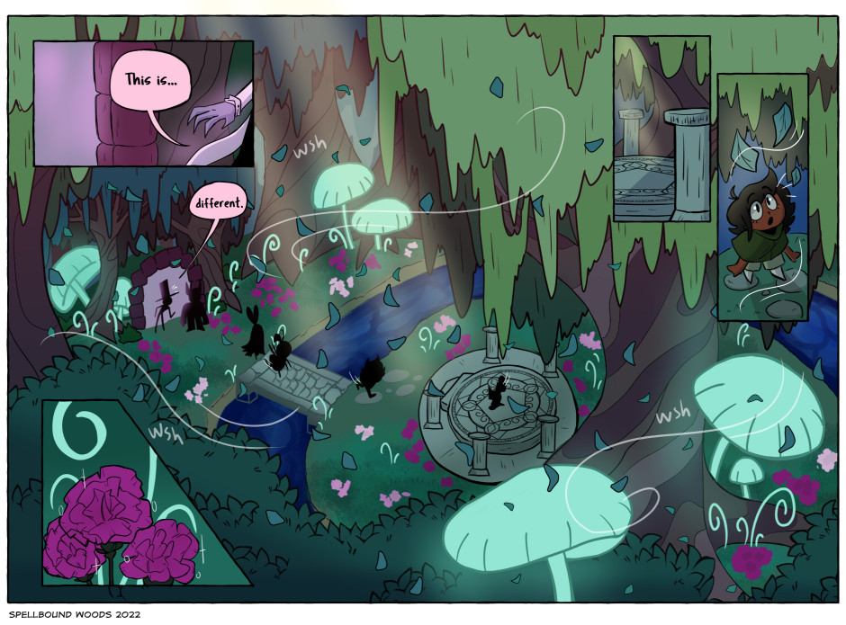 A widespread page from the comic Spellbound Woods. A green grove with large glowing mushrooms and purple flowers with an altar at its center.