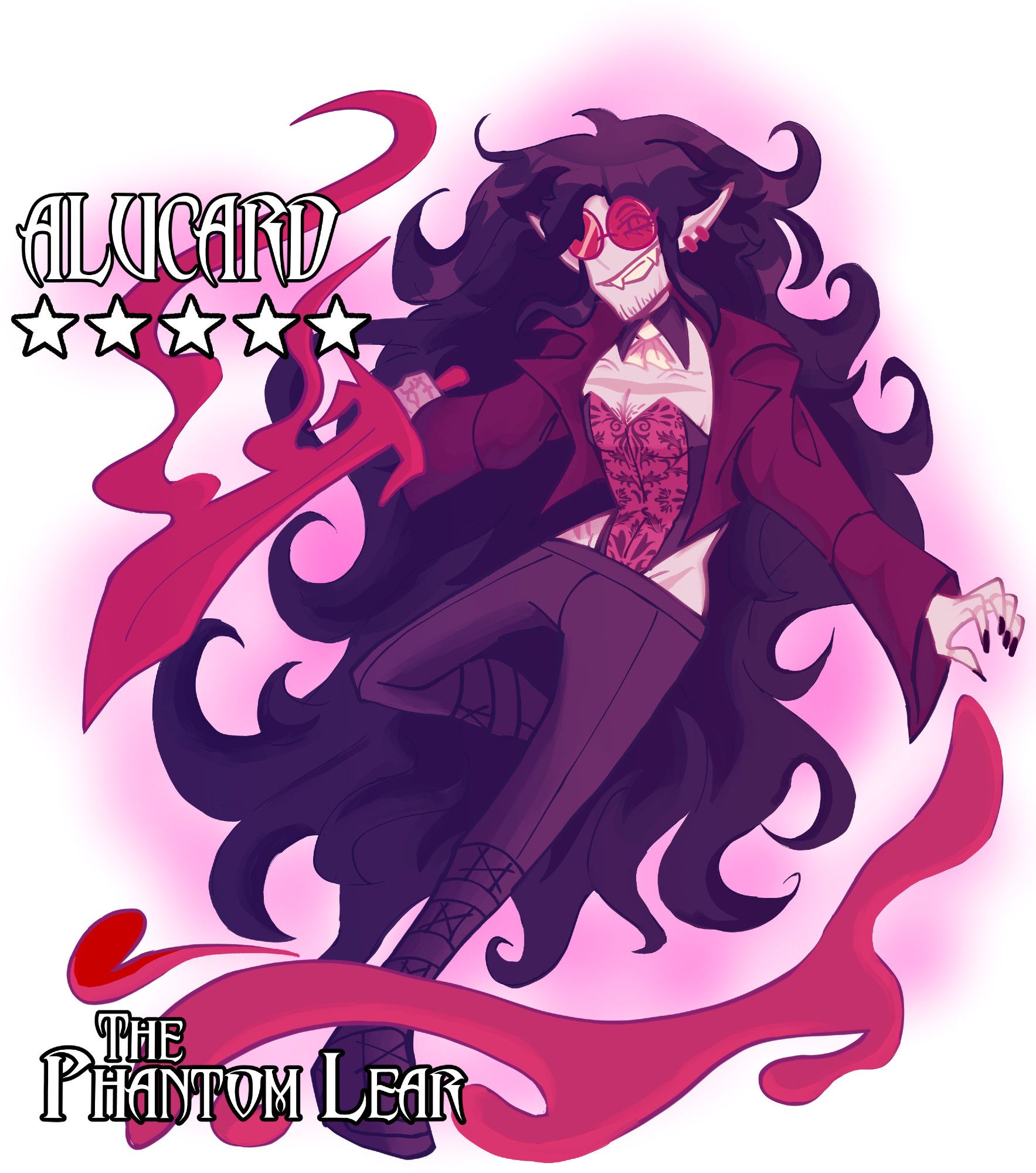 a gacha style illustration of a vampire with a blood sword. the name Alucard is featured with 5 stars underneath, and the title The Phantom Lear is placed at the bottom