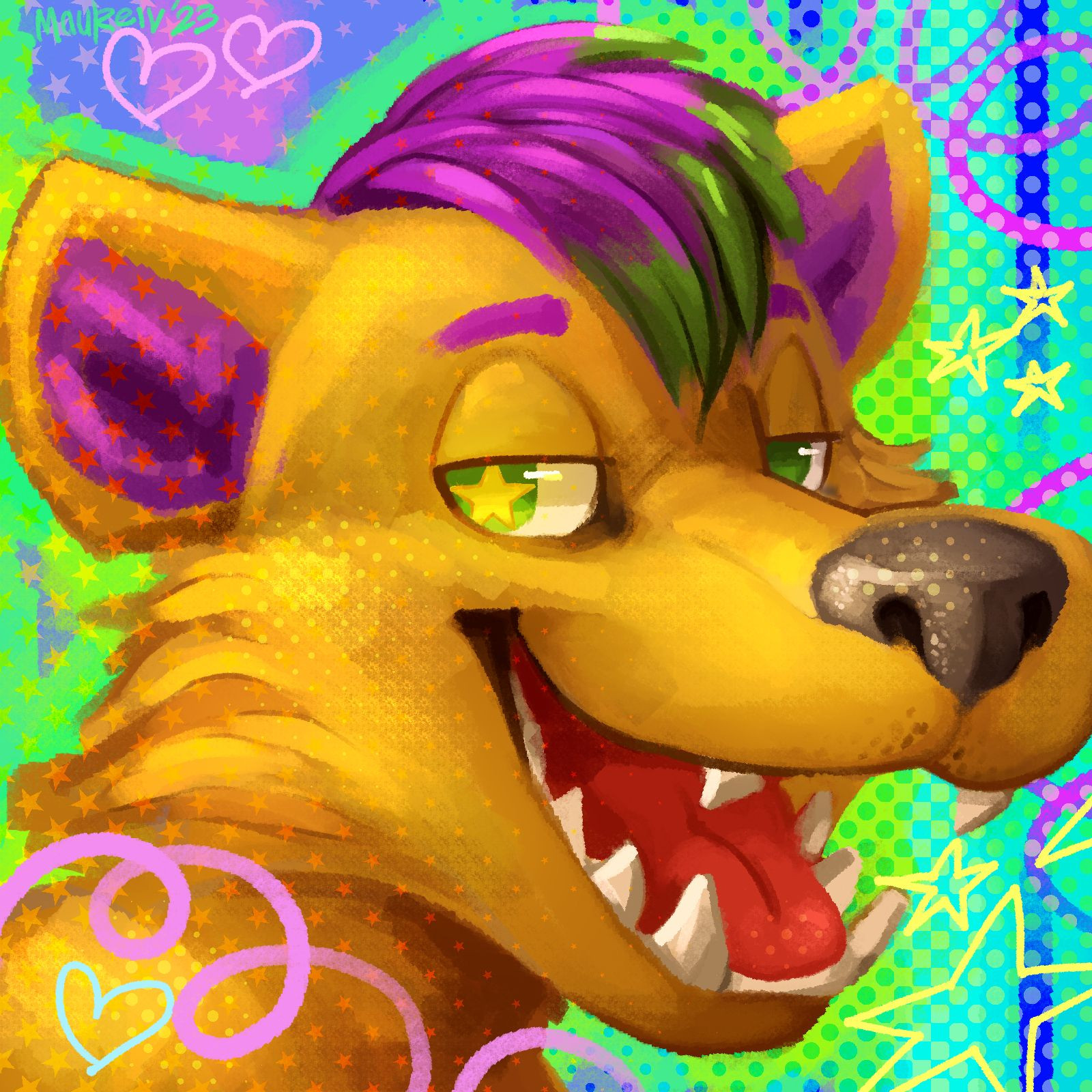 Icon of a yellow hyena with a star in their right eye, and purple highlights