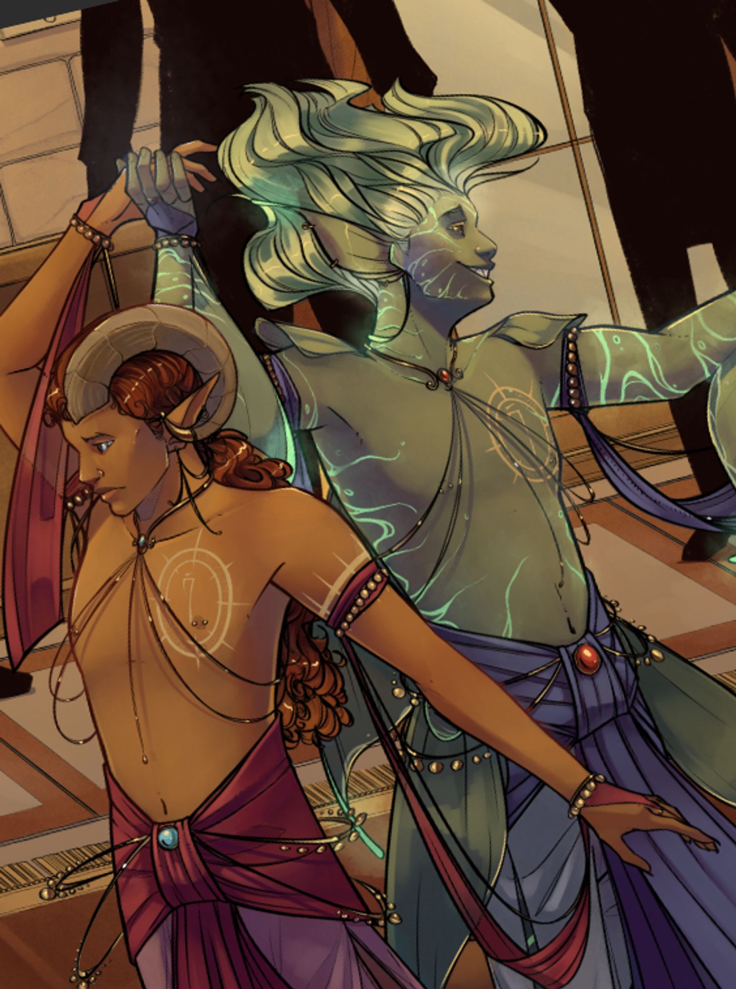 In progress screenshot of a digital illustration showing two characters dancing with each other. A curly haired tiefling dressed in deep pink on the left and a teal, striped, water genasi dressed in blue on the right.