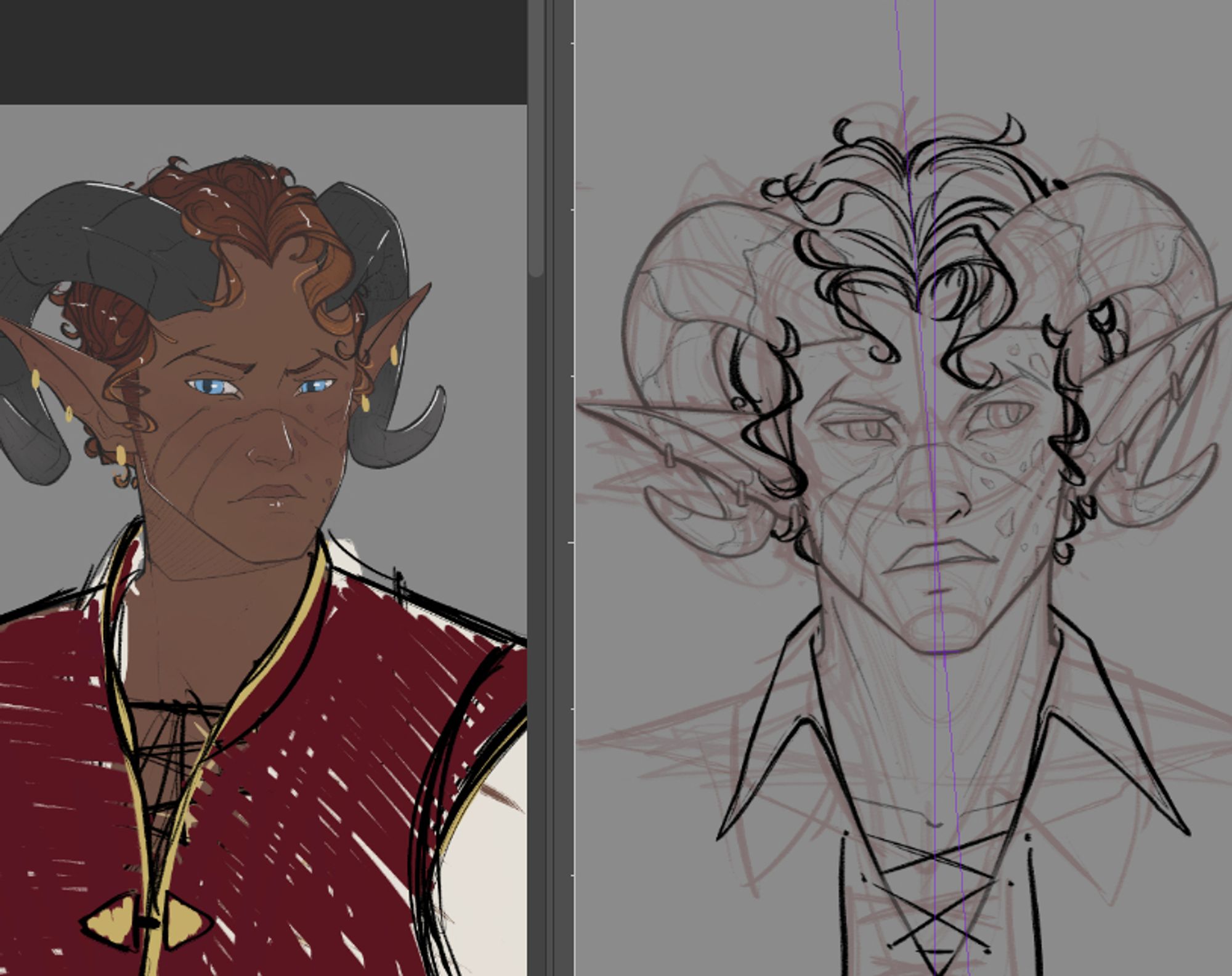 Right: Work in progress sketch of a curly haired tiefling with ram horns looking to the right side of the frame in irritation.
Left: Partially complete digital image of the same tiefling overlaid with roughly sketched shirt and tabbard.