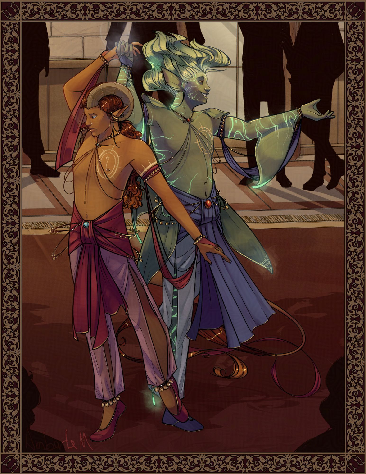 Sol (warm colored tiefling with ram horns dressed in pink) and Emry (bluish water genasi with glowing stripes dressed in blue) dancing together for the entertainment of onlookers.