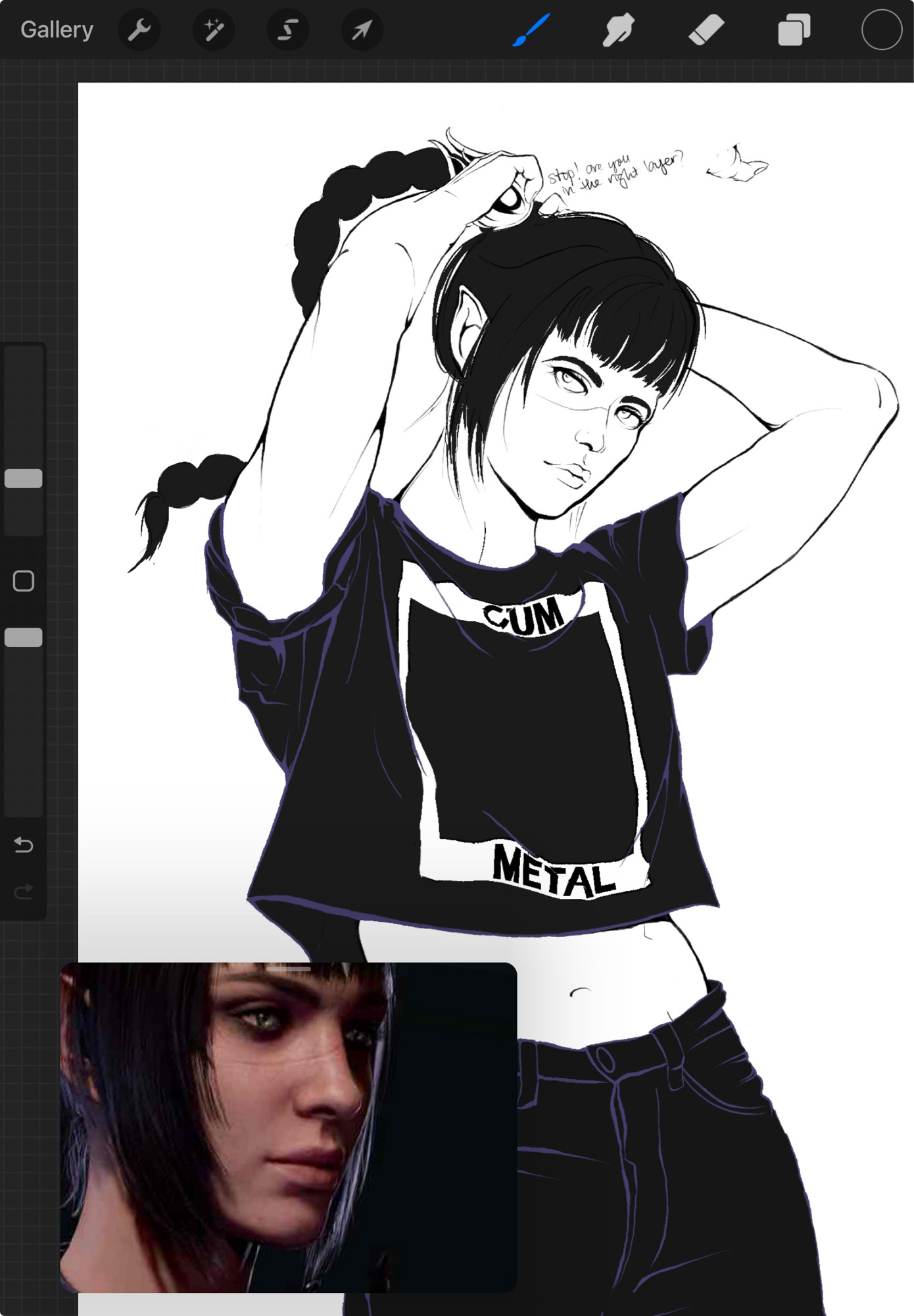 A digital drawing of Shadowheart wearing a t-shirt that reads “cum metal”