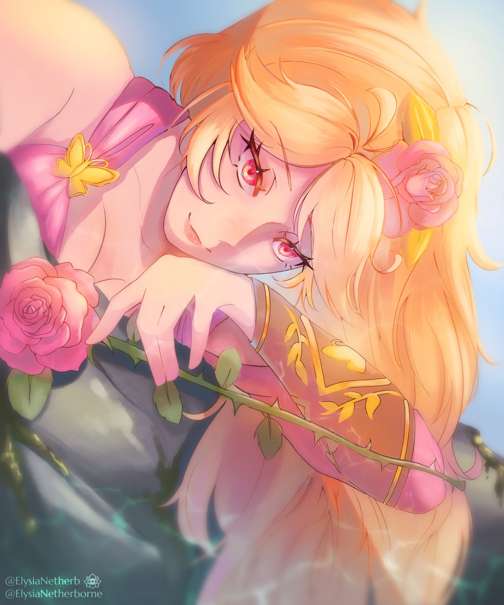 Rydia Celine: An art piece of her leaning on a rock while holding a rose. The water from below reflects onto her and the rock. Her bright pink eyes look forward.