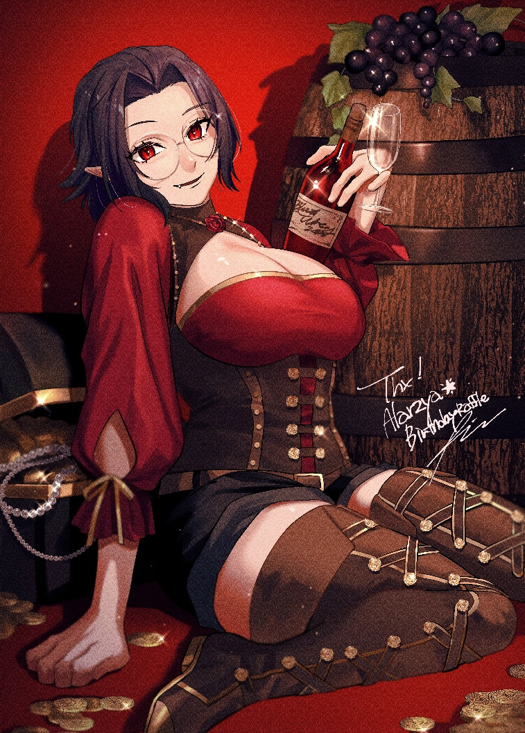 Elfreda Vinnius: Sitting amongst treasure and wine, she looks like she's enjoying herself even before she pours her blood wine. Her look can even be considered mischievous as she looks onward at you.