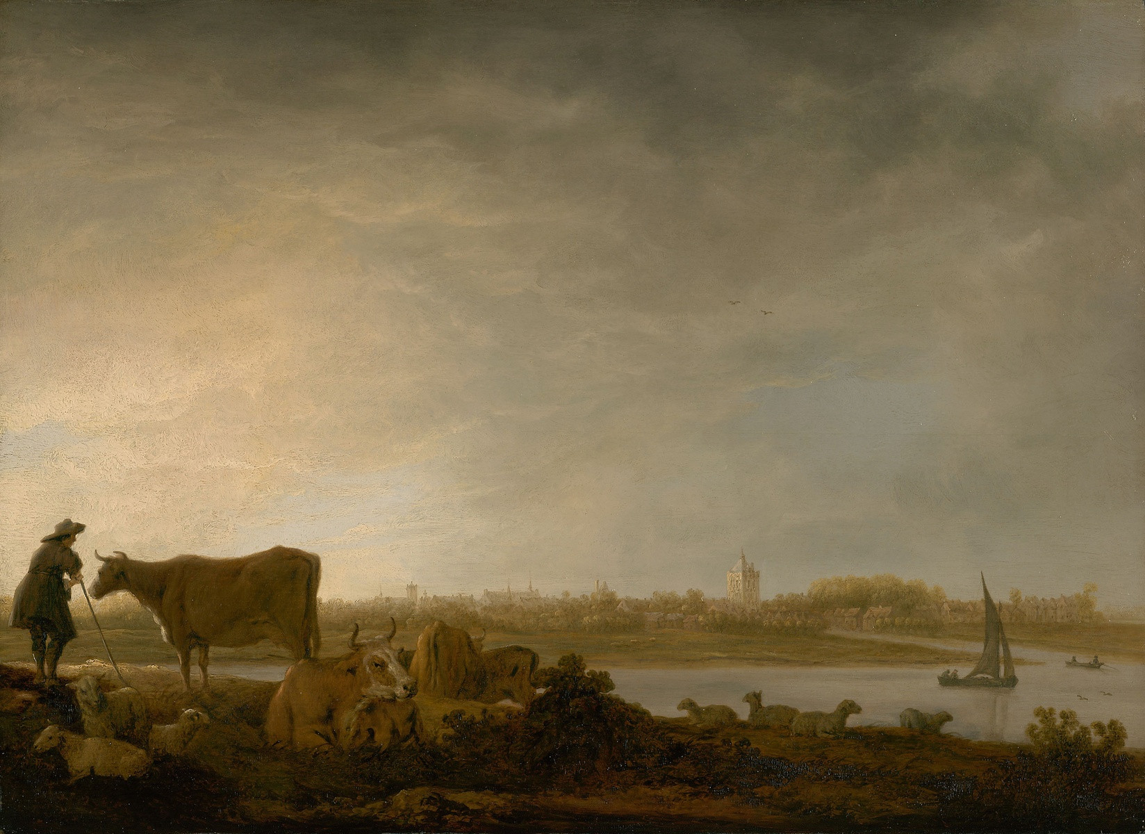 In this picture, Aelbert Cuyp experimented with the depiction of dramatic atmospheric effects, silhouetting the standing cow and herdsman at the brightest point of the horizon in order to intensify the viewer’s sense of the depth and movement of the stormy sky. Cuyp specialized in pastoral subjects and views of the waterways of the Netherlands. His later paintings display a brilliant, golden light that reflects a taste for Italian landscape subjects. In this relatively early painting, he used a warm, monochrome color palette that was influenced by the work of Jan van Goyen (1596–1656), a prolific Dutch landscape painter.

Charles H. and Mary F. S. Worcester Fund