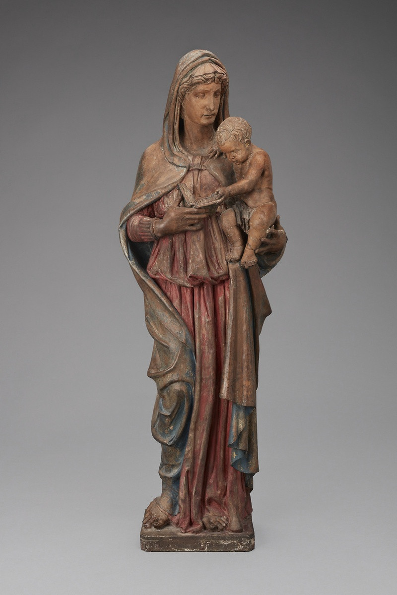 Although frequently described as a humble and austere medium, clay was perennially popular during the Italian Renaissance and could be modeled with notable sophistication. Clay was especially acceptable for finished works of art made in areas where marble or bronze was prohibitively expensive. Once completed, this sculpture was sliced with fine wire into at least four sections, and extremities like the Virgin’s head and hands and the Christ Child were fired separately. After firing, these elements were reassembled and painted. The Virgin and Child appears to be the work of an artist trained in Tuscany with some knowledge of the sculpture of Donatello and his partner Michelozzo.

Mr. and Mrs. Martin A. Ryerson Collection