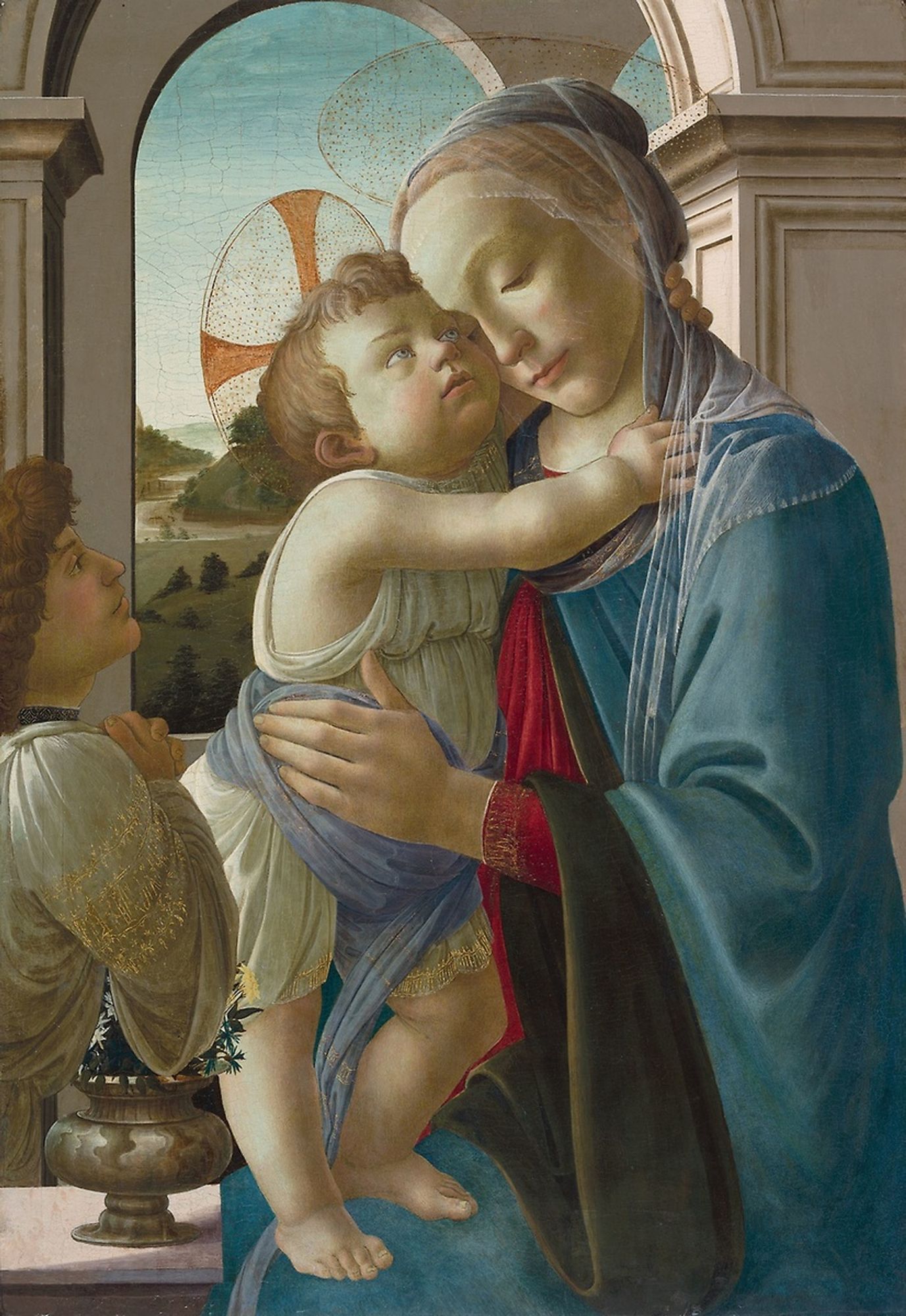 Sandro Botticelli was one of the most renowned painters of late-15th-century Florence. Here the tender embrace of mother and child and the Virgin’s wistful expression are typical of his lyrical manner. Another version of this composition in the Norton Simon Museum, Pasadena, still shows the influence of the sculpture of Andrea Verrocchio and is probably an early work, made before 1470. The sinuous contours and softly modeled flesh of the Art Institute’s picture represent Botticelli’s languorous mature style.

Max and Leola Epstein Collection