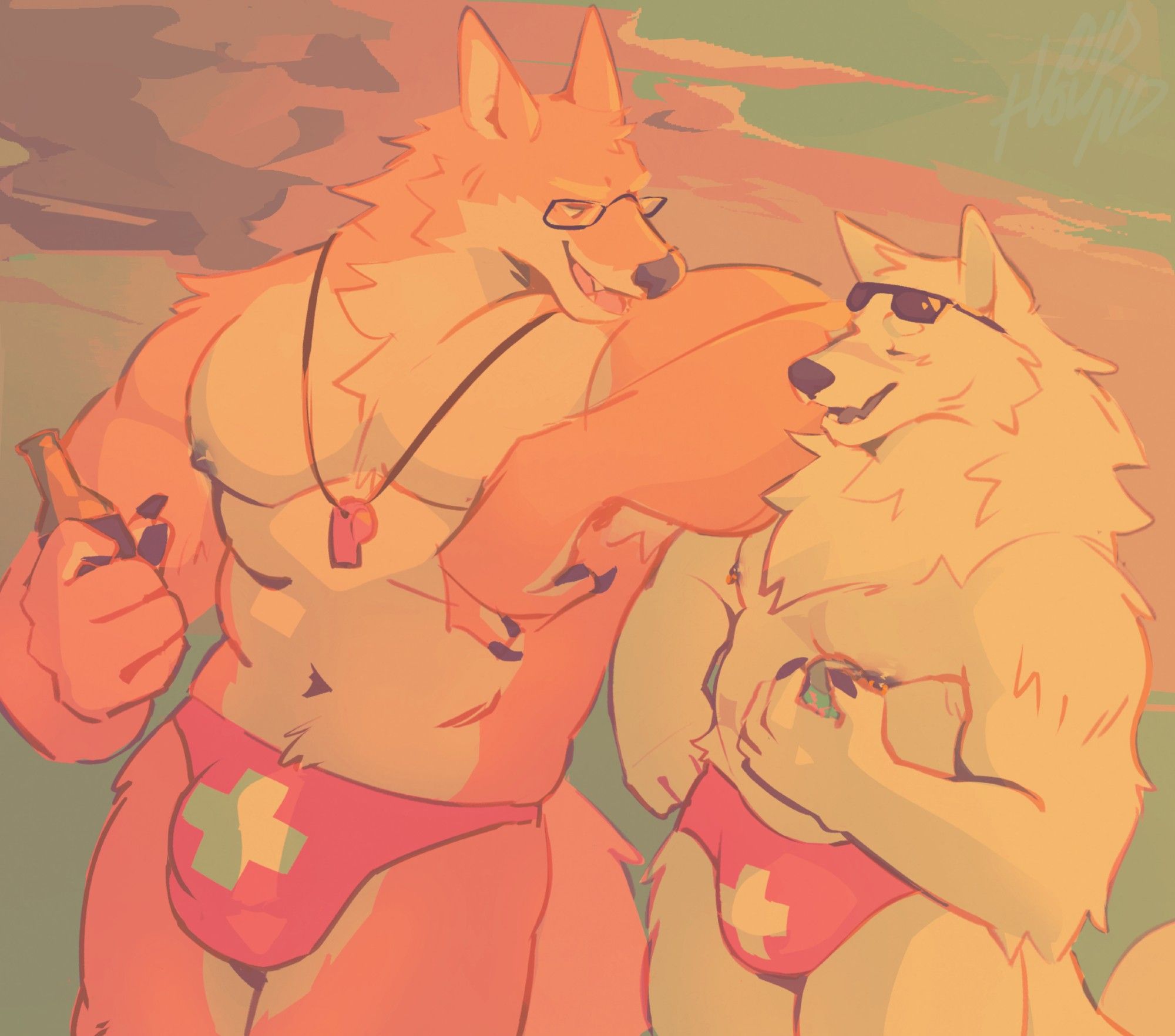 nostalgic looking scene featuring a large orange wolf (socks), and a slightly shorter samoyed wolfdog (val/gabe), standing in front of a cloudy oceanside. they're sharing drinks and laughing together, and are both in lifeguard speedos.