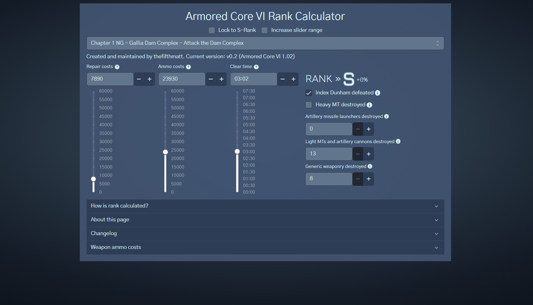 Screenshot of Armored Core VI Rank Calculator, showing some example costs for the Chapter 1 mission "Attack the Dam Complex"