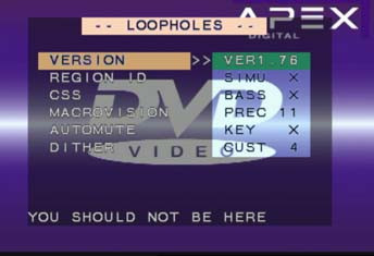 Screencap from an Apex DVD player showing a settings menu titled "LOOPHOLES" that lets you changes settings for Region ID, CSS, Macrovision, etc.