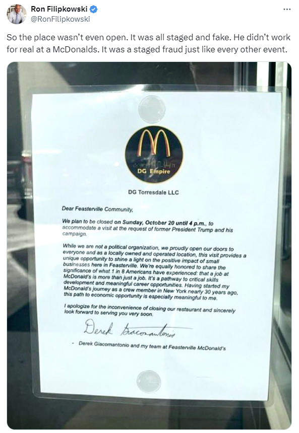 Photograph of signage at the Festerville McDonalds at which Trump held a photo op: "We plan to be closed on Sunday, October 20 until 4 p.m., to accommodate a visit at the request of the former President Trump and his campaign."