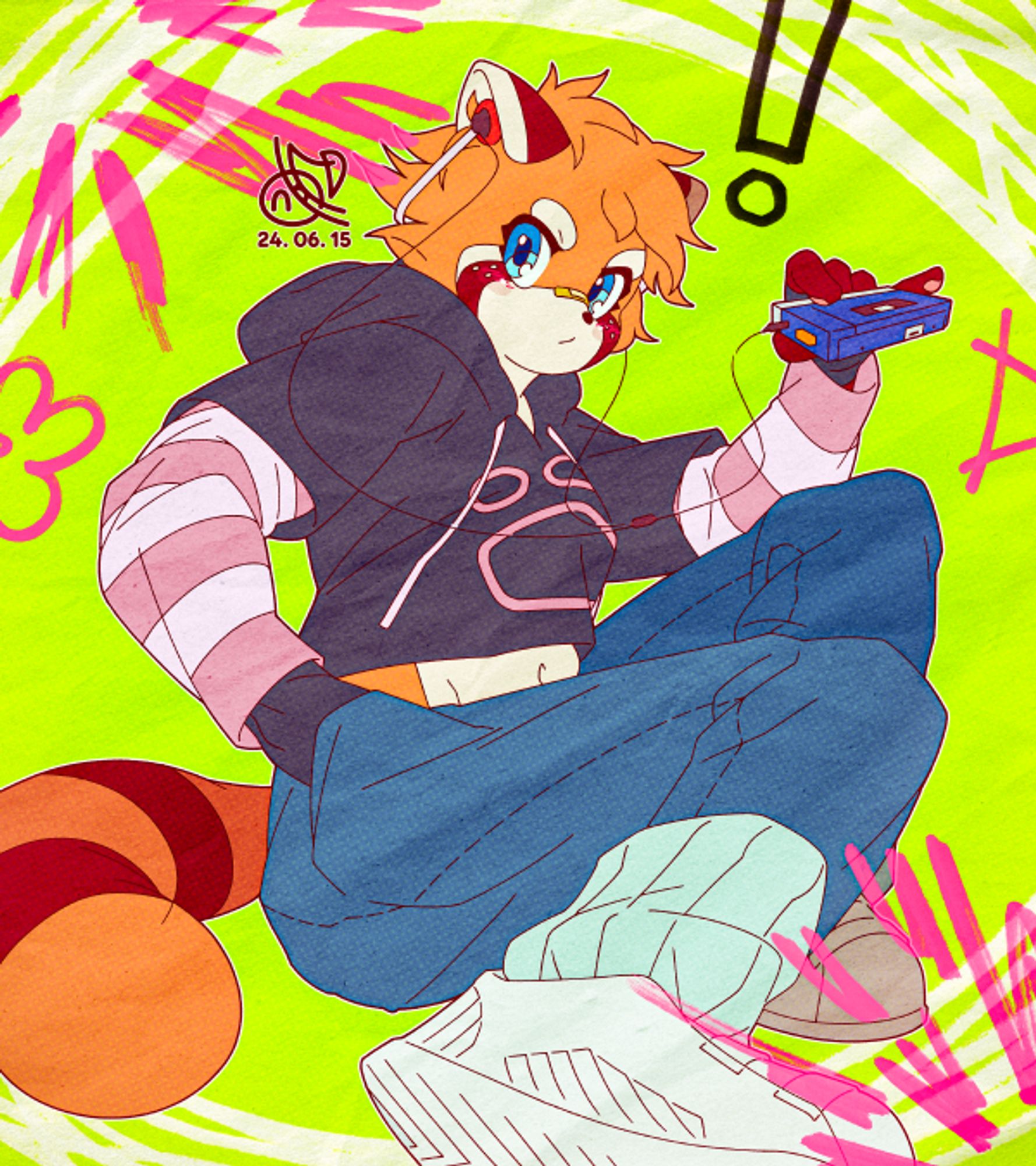 Digital illustration. A little red panda girl wearing a short-sleeved hoodie and long jeans is listening to music on a Walkman with earphones. The freckled red panda girl is cute, but with a band-aid on the bridge of her nose and a hip-hop-inspired outfit, she appears to be an active character. Rough graffiti marks in white, black, and magenta against a high-saturated chartreuse background make her stand out.