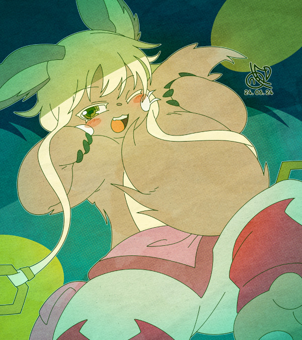 Digital illustration. Nanachi, a character from the Japanese manga Made in Abyss, is lying on the grass, hugging its tail, waking up from a nap and looking at the viewer with one eye half-open. Nanachi stretches and smiles as if it has just discovered the viewer. Overall, the painting uses calming colors in the green family to effectively convey a cozy feeling and a cute situation.