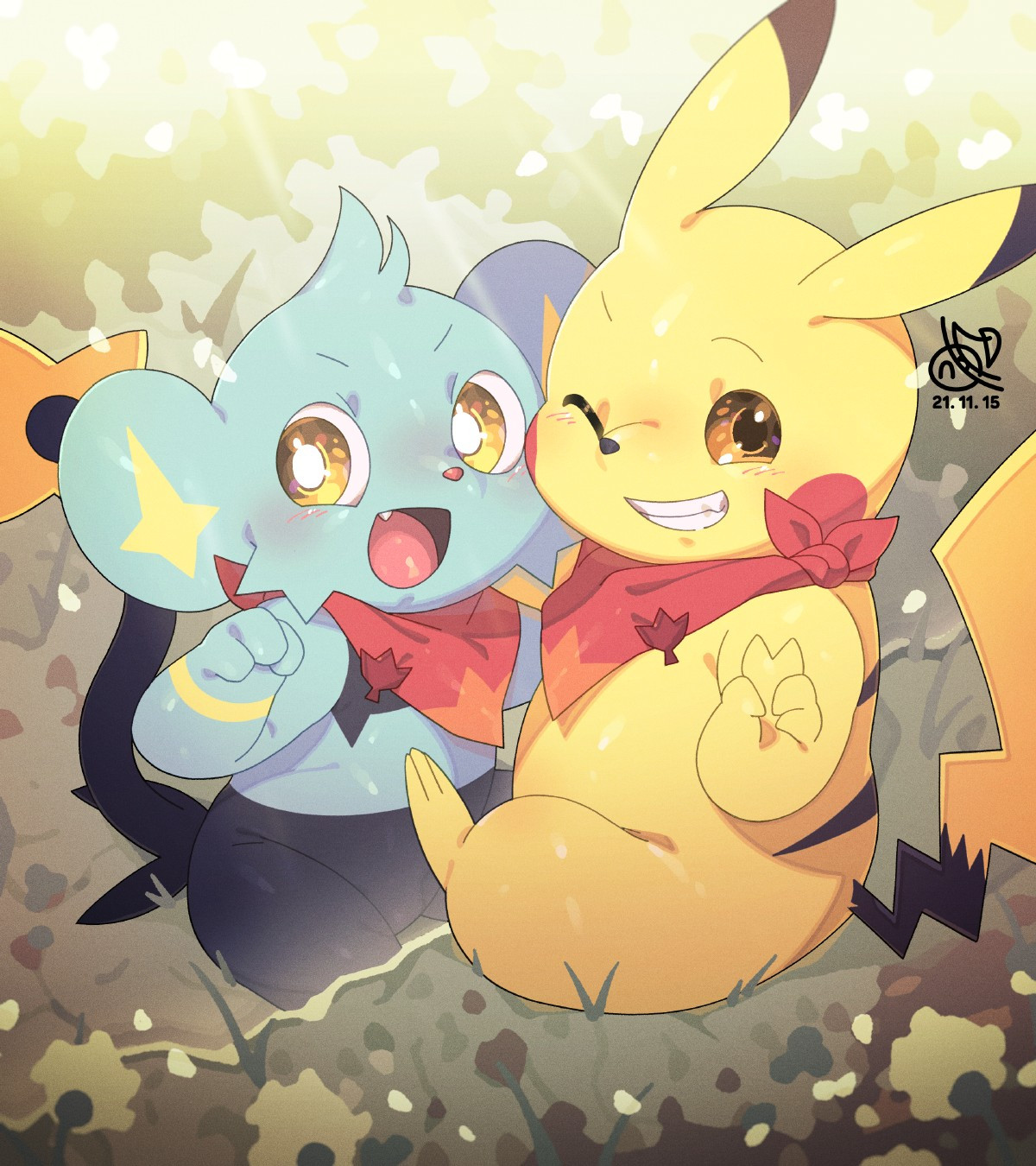 A vibrant digital illustration captures the playful camaraderie between Pikachu and Shinx, two beloved animated creatures. They are seated close together on the ground, sharing a moment of joy. Both characters are adorned with matching red scarves tied neatly around their necks, each scarf decorated with a leaf motif, symbolizing a bond between them. Pikachu, with its characteristic bright yellow fur and cheerful expression, leans slightly towards Shinx, who displays wide-eyed wonder with sparks of excitement in its eyes. The background is a soft, dappled array of light and color, emphasizing the lighthearted atmosphere of the scene. Their attention is directed towards the viewer, inviting engagement with their charming world.