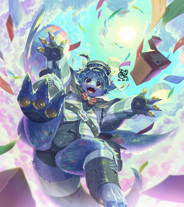 Digital illustration. A blue dragon boy dressed as a postman is flying in the sky with his wings spread and his hands in the air, looking up at the viewer with a joyful expression. The energetic boy is full of confidence and happiness. In the background, clouds in a mix of clear blues and dreamy purples surround him, with the sun shining brightly in the center. Overall, the drawing is a clear and distinct expression of energetic energy and confidence.