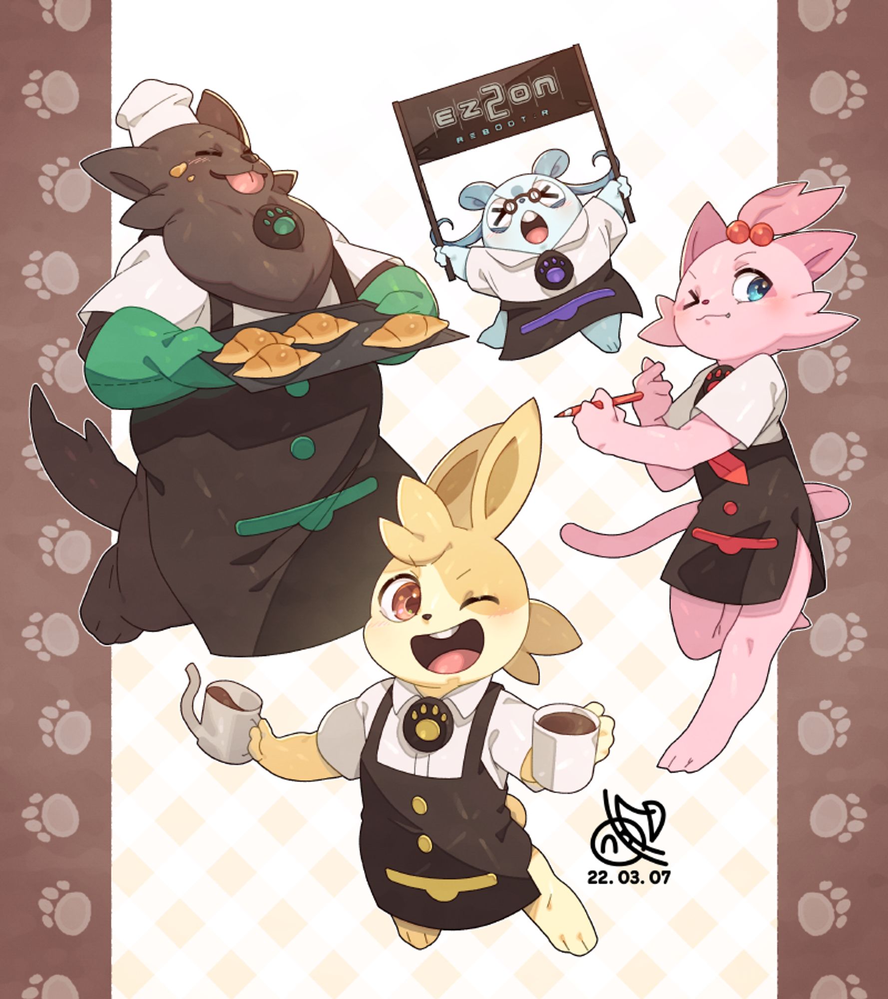 Digital illustration. A rabbit, a wolf, a cat, and a hamster in cafe uniforms strike a variety of poses. An orange rabbit boy with a teapot and mug is smiling broadly, while a fat brown wolf baker is moving around with bread on a plate. A pink cat girl is winking at the viewer with a red colored pencil, while a blue hamster jumps in the air and holds a placard. Overall, the painting warmly highlights the charm of the cute characters.