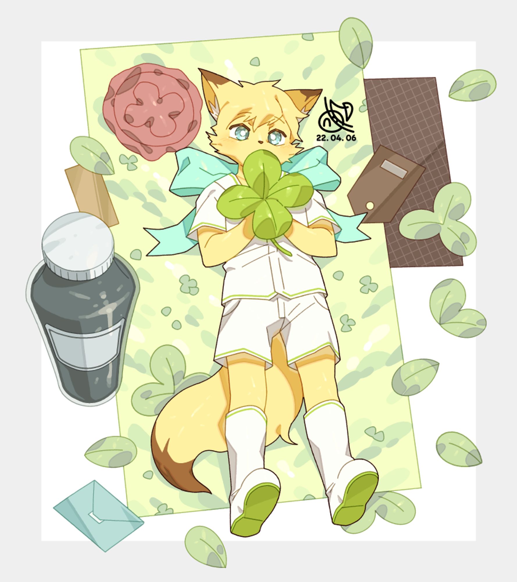 Digital illustration. A yellow fox boy wearing a white short-sleeved shirt, white shorts, and white boots is lying down holding a four-leaf clover with a ribbon tied around his back. Surrounding the fox boy are large envelopes, postcards, and a large inkwell among the clover leaves. Overall, the painting uses light pastel colors to emotionally portray the cuteness of the characters and the beautiful landscape.