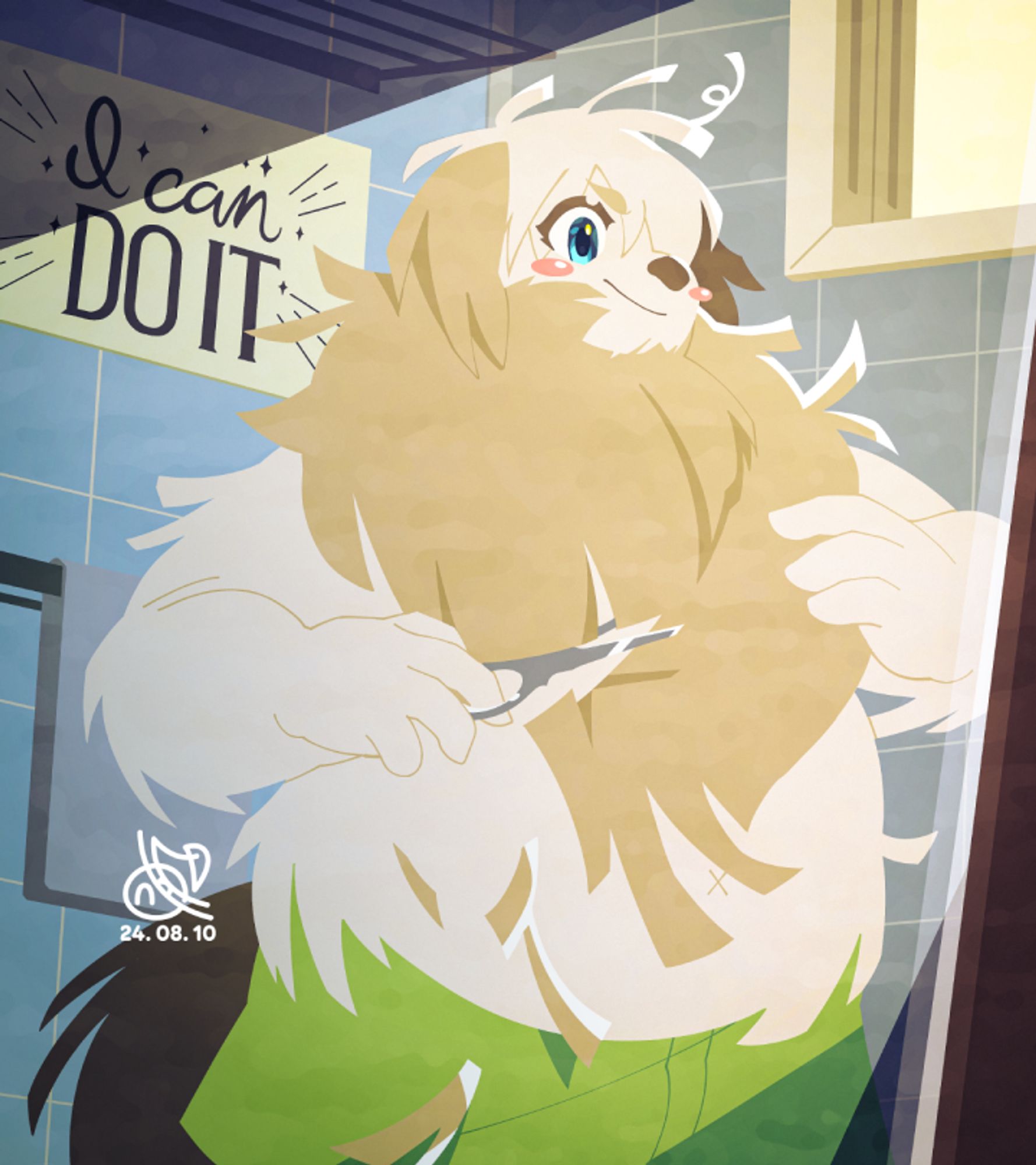 Digital illustration. A Komondor puppy boy is cutting his beard with scissors in front of a mirror. The white puppy boy's expression is full of determination as he cuts his beard with hairdressing scissors. Behind the toilet in the background, the phrase "I can do it" is written with determination. Overall, the painting depicts a positive gaze of determination with warm sunlight pouring in from the window.