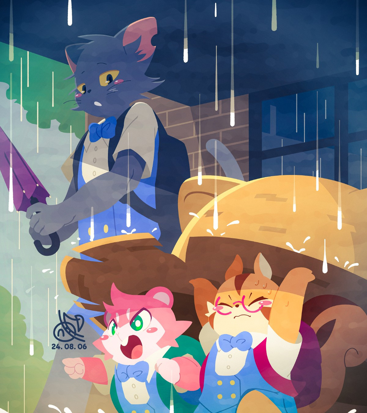 Digital illustration. A squirrel boy and a hamster boy are running out of the school gate, using a straw hat much larger than their size as an umbrella, as a gray cat boy with an umbrella watches in amazement. The squirrel boy is grimacing as he flings his arms up to support the straw hat, while the red hamster boy, who is not helping him, is pointing straight ahead and grinning from ear to ear as if to say, "Let's go!" The gray cat boy is trying to open his long purple umbrella. Overall, the painting uses a good contrast of dark shades and light raindrops to draw the viewer into the story of the characters.