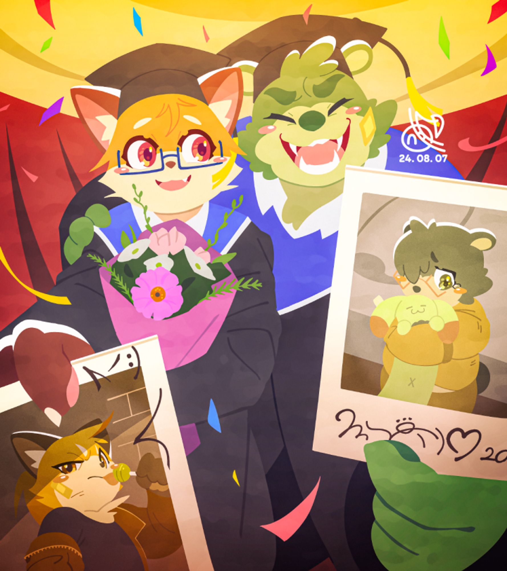 Digital illustration. On graduation day, a skinny orange fox boy and a burly green bear boy stand shoulder to shoulder, each holding an old Polaroid photo of themselves. The Polaroid reveals that the well-behaved fox boy with the bouquet of flowers was once a delinquent student, while the energetic bear boy with the toothy grin was once a timid child. Overall, the painting uses warm lighting and colorful particle effects to depict the happy moments of the two characters, while the Polaroid photographs hint at their different personalities and invite the viewer to imagine their past.