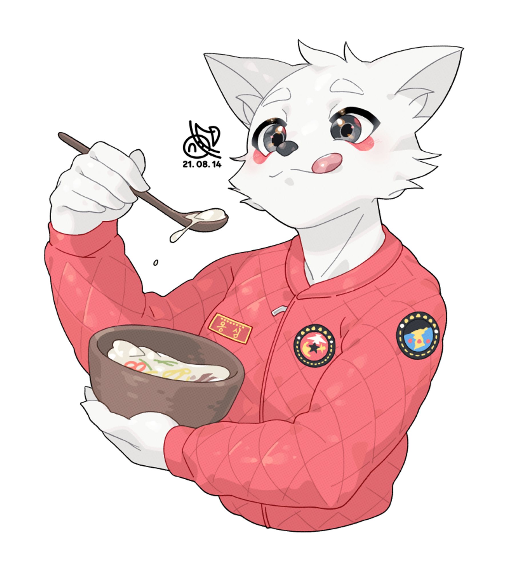 Digital illustration. A white wolf boy in a red cloth-wrapped robe is eating rice cake soup from a bowl in one hand, scooping it up with a spoon in the other. The wolf boy has some red fur around his eyes as he looks at the spoon, and he sticks out his tongue to taste the soup. Overall, the drawing depicts only the characters without a background so that the viewer can focus on the delicious-looking rice cake soup and the characters' happy emotions.