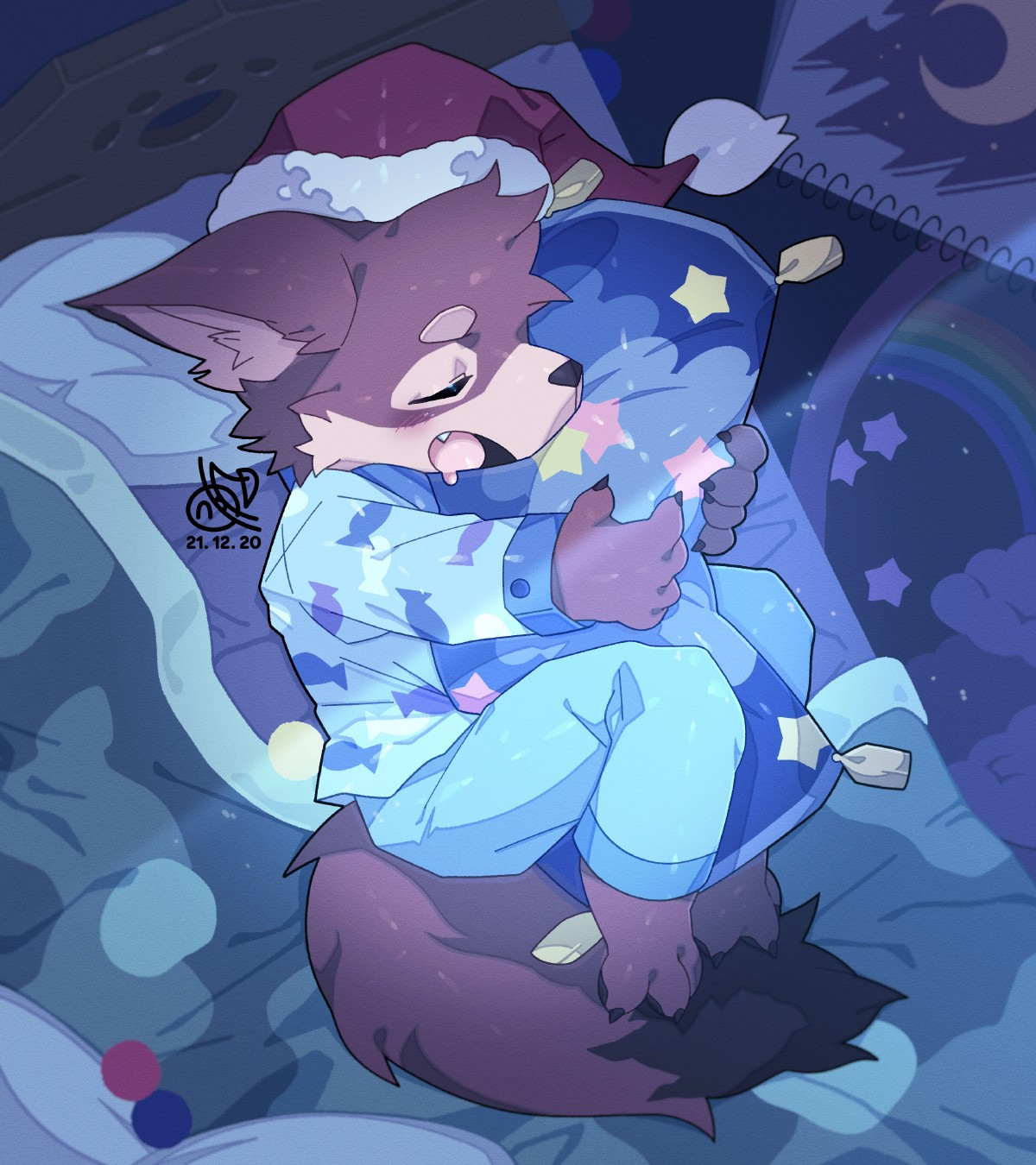 A stylized illustration depicts a young anthropomorphic wolf with brown fur, peacefully asleep while embracing a large pillow. The wolf character is adorned in a cozy, light blue pajama set patterned with stars and moons, reflecting a celestial theme. They are nestled comfortably in a bed draped with similarly themed sheets and a dark, night sky-inspired blanket. Subtle details such as the gentle blush on the character's cheeks and the serene expression enhance the image's tranquil ambiance. Softly glowing stars appear to emanate a gentle light, contributing to the dreamlike quality of the scene.