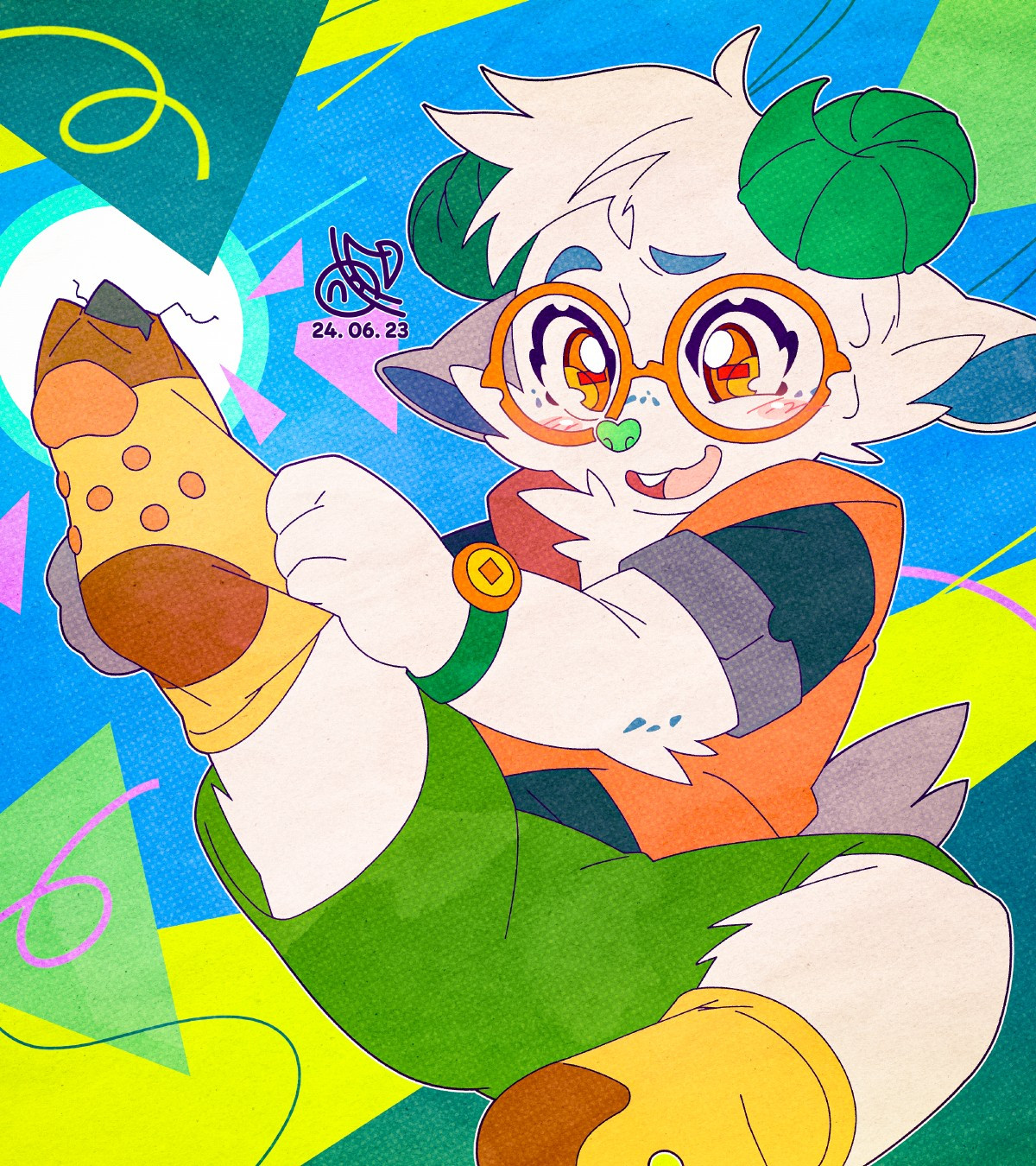 Digital illustration. A little lamb boy with green horns and blue-and-white fur looks ashamed and embarrassed as he tears a hole in his sock with his claw. The boy, wearing orange round glasses, is blushing and smiling sweetly, not knowing what to do. Overall, the illustration uses a light green and light blue background with white lights around the socks to create a cute and funny representation of the humorous situation the characters are in.