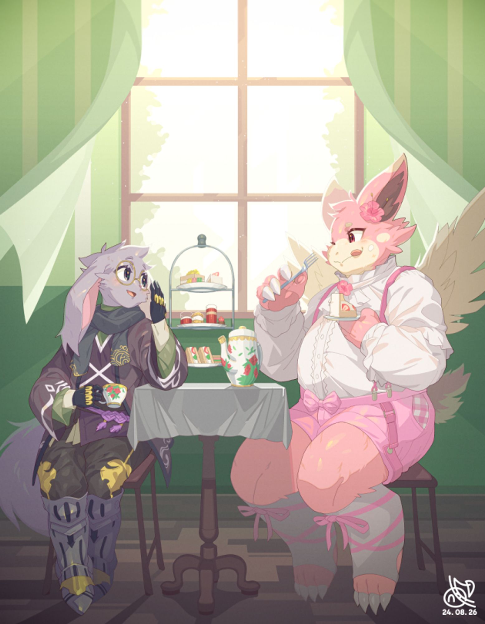 Digital illustration. A long-eared rabbit boy in fantasy costume, including armor, and a chunky pink dragon boy in suspenders sit on either side of a table, facing each other, enjoying a tea party. The dark rabbit boy, dressed in purple leather and dark gray plate armor, holds a teacup in his right hand and smiles as he holds his left hand far in front of his mouth, while the dragon boy, dressed in bright white and pink, with apricot-colored wings, smears whipped cream on the corner of his mouth and eats a strawberry cake from a plate in his left hand with a fork in his right. A teapot with a rose on it and an afternoon tea set are placed on a wooden table decorated with a white cloth. Overall, the painting beautifully depicts a tranquil scene, using the bright sunlight outside with soft depictions of green wallpaper and brown wooden floors.