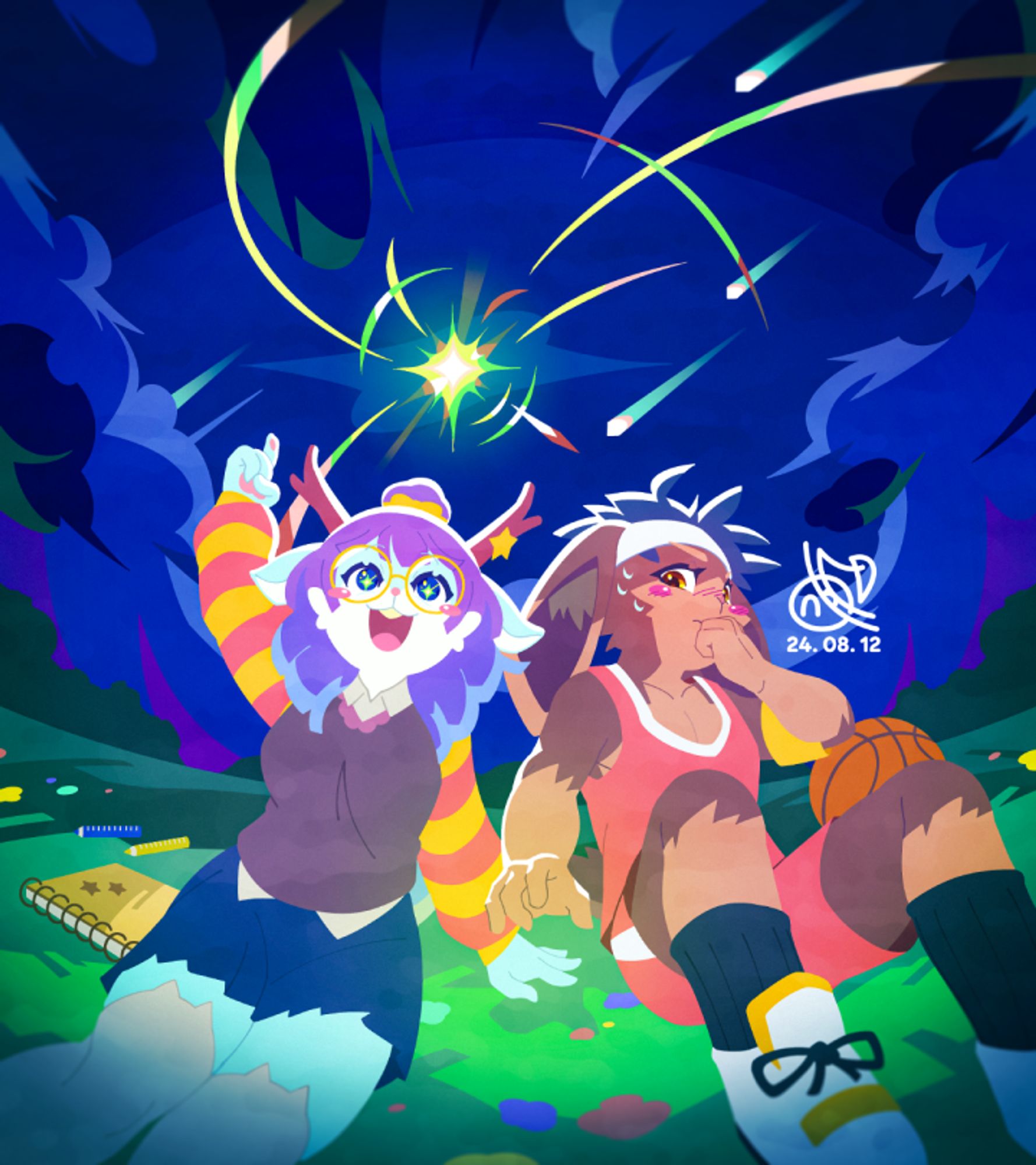 Digital illustration. A deer girl and a rabbit boy are sitting on the grass under the night sky, watching a bright shooting star fall. The light blue deer girl, wearing a school uniform and with purple and blue hair, is pointing at the shooting star and watching intently. Meanwhile, the brown rabbit boy with long ears, wearing a basketball game outfit, is blushing red as he watches the girl and wonders if he should hold her left hand. Overall, the painting beautifully depicts a romantic and loving moment between the two characters through the contrast of the bright shooting stars and the dark night sky.