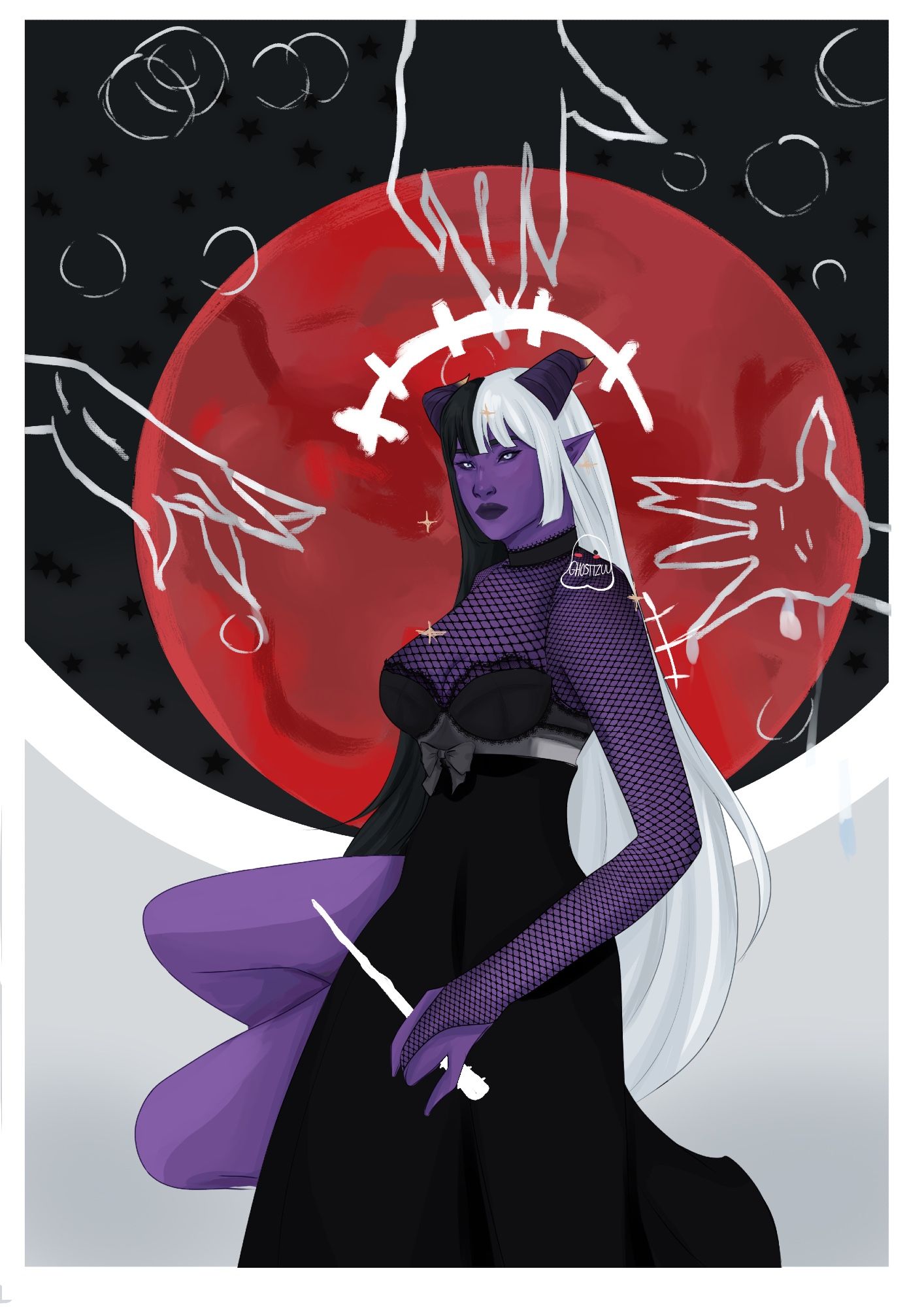 A illustration of my dnd PC Solis, she is kneeling down facing towards the side with her hand floating next to her hip. Has purple skin and half black half white hair and two purple horns with golden tips, the background features three hands. One coming down from above and the other two by the side of her head and a red moon is in the background