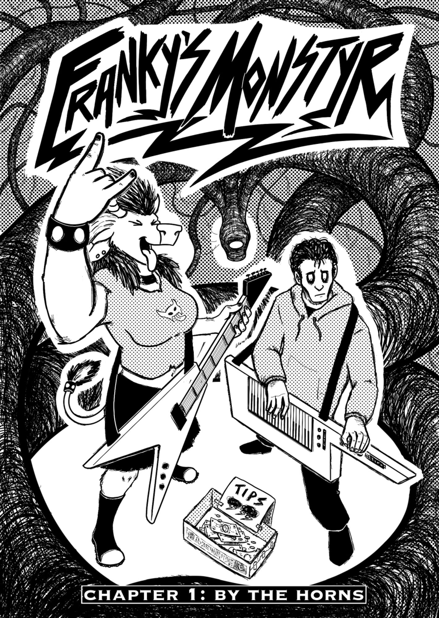 Black and white comic book cover for Franky's Monstyr (Chapter 1: By the Horns). A female minotaur with a flying-v guitar sticks out her tongue and throws up the devil-horns sign while her partner, a worried-looking undead man in a baggy hoodie, fiddles with his keytar. A box labeled "TIPS" is on the ground between them and the background is filled with a shadowy one-eyed serpent with three tails.