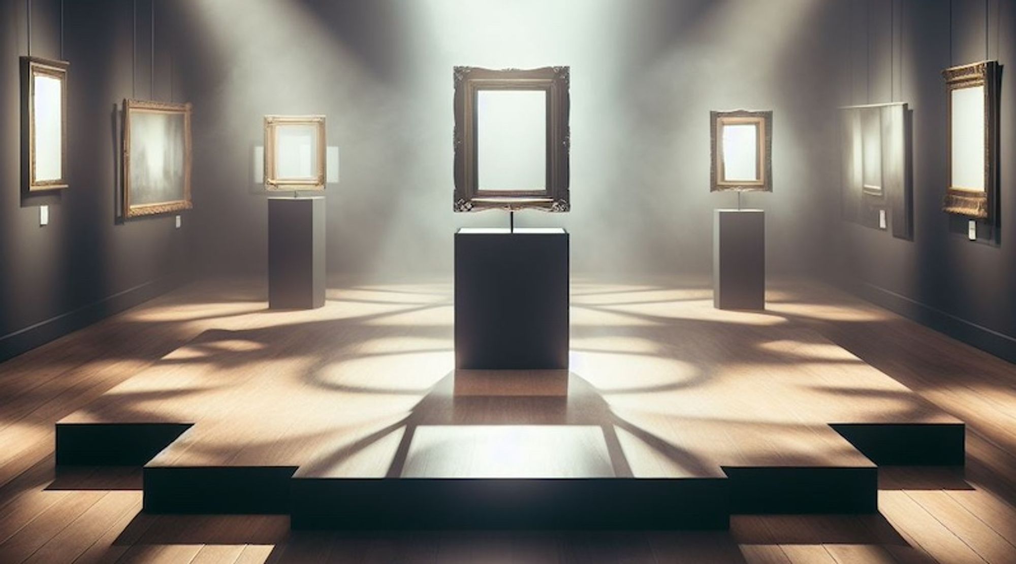 AI generated image of a museum setting in shadowy light. It shows 7 painting frames with no paintings in them.