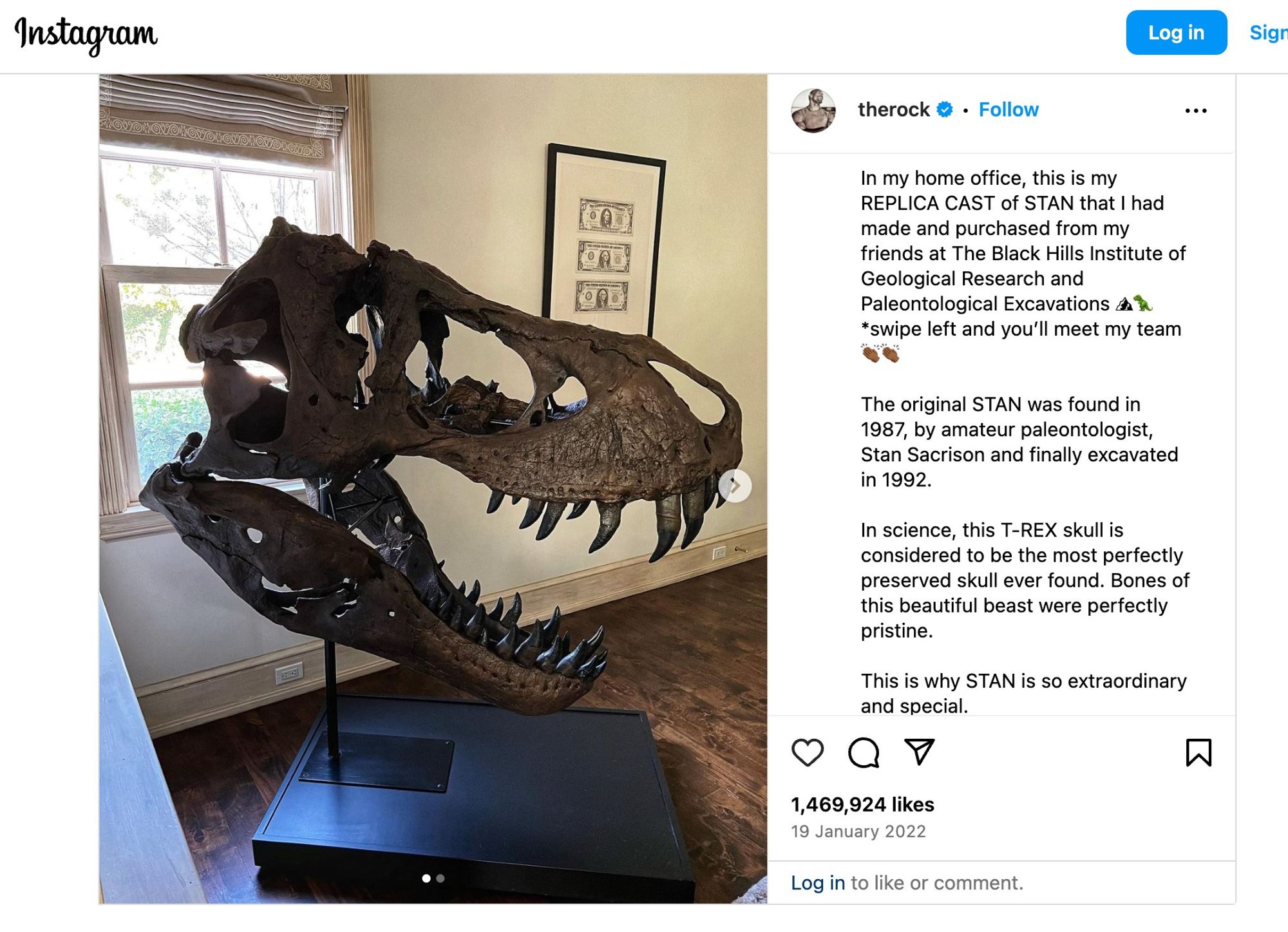 Screenshot of Instagram Post from The Rock showing a cast of a T. rex skull