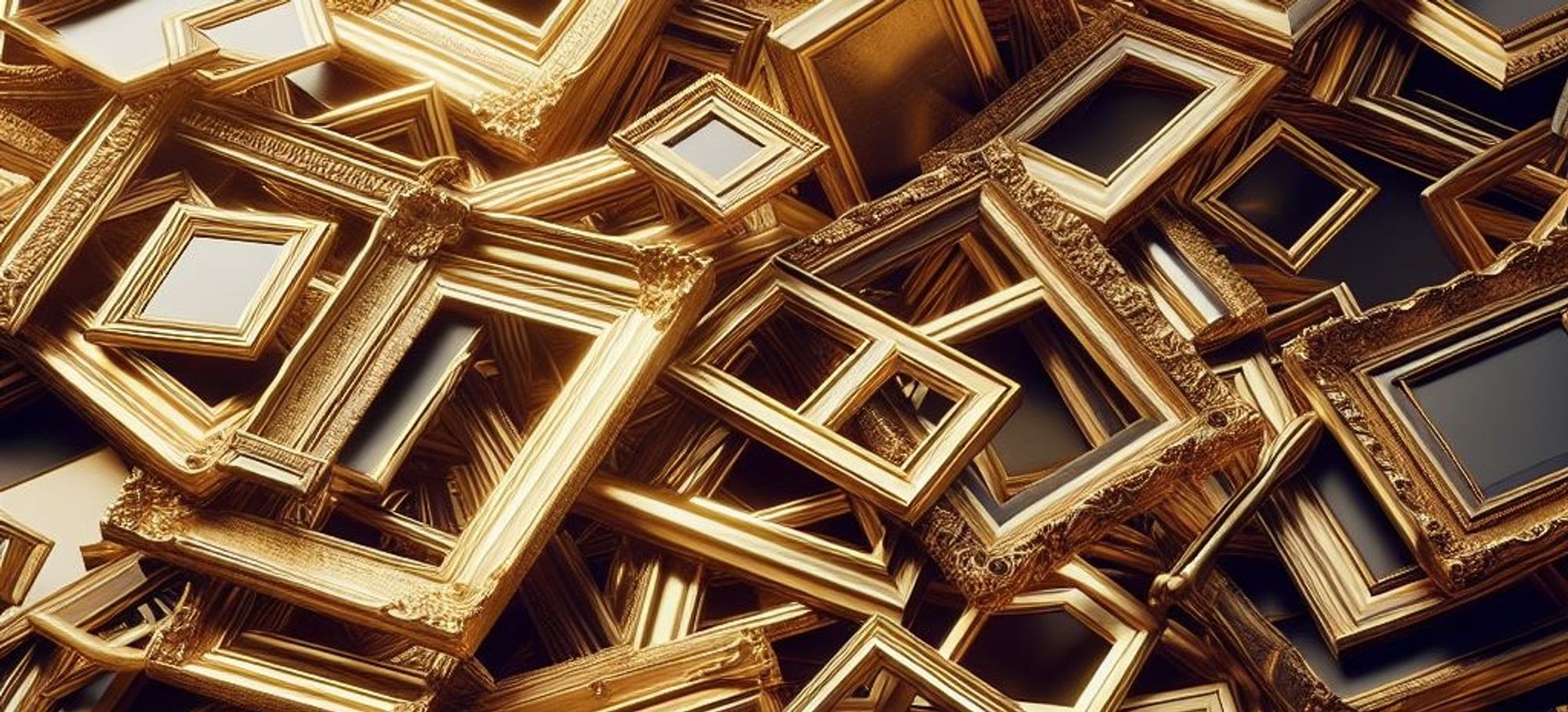 An AI generated image of a stack of empty gold picture frames.