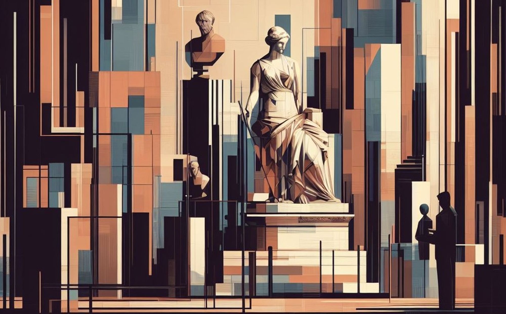 AI generated artwork showing abstracted greek sculptures in a museum with geometric designs in muted tones over it.