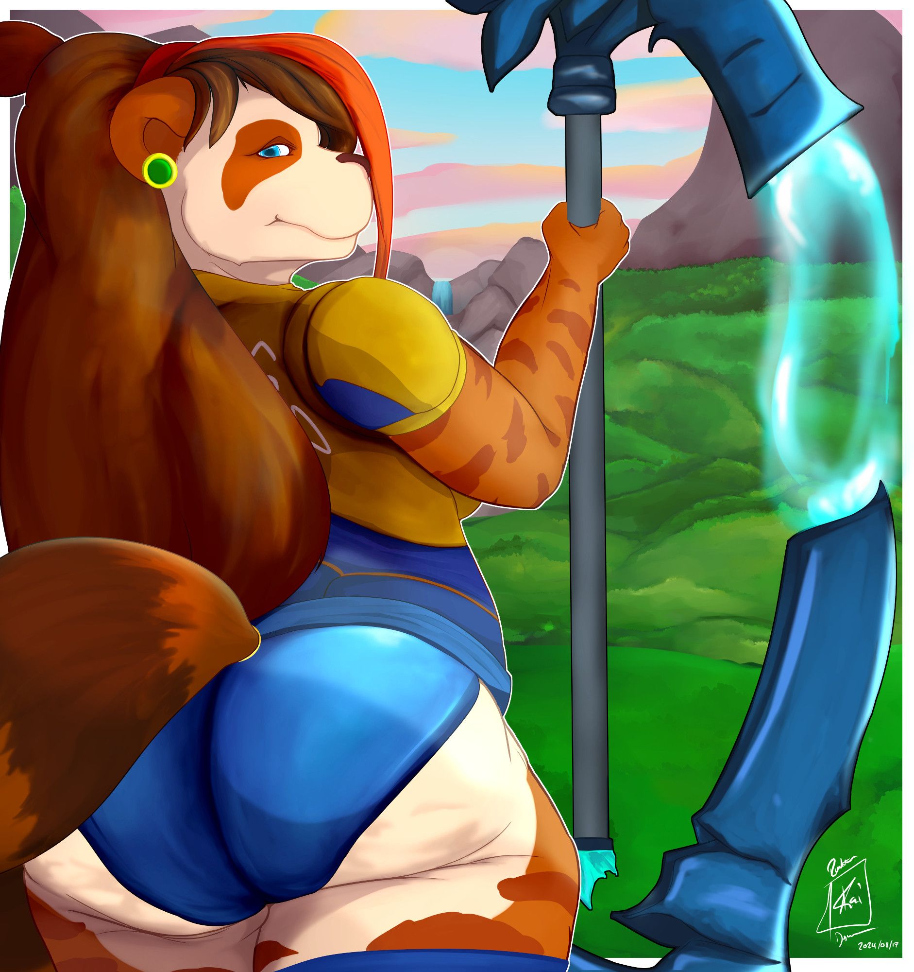 A pandaren standing in the foreground of a lush green plains, facing away from the viewer, but looking over her shoulder.