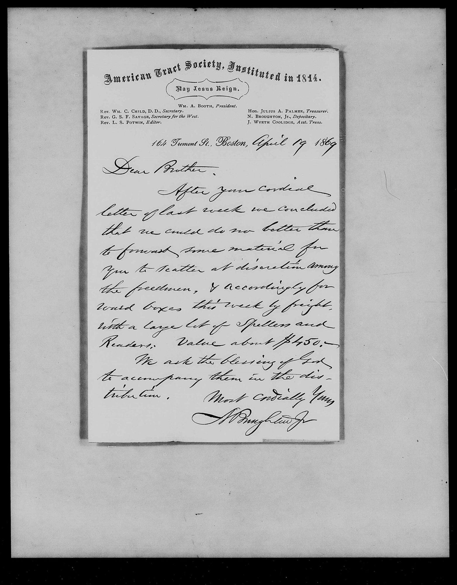 Letter from Rev Childs 19 April, 1869. It mentions that a shipment of readers and spellers valued at $450 were mailed to him.