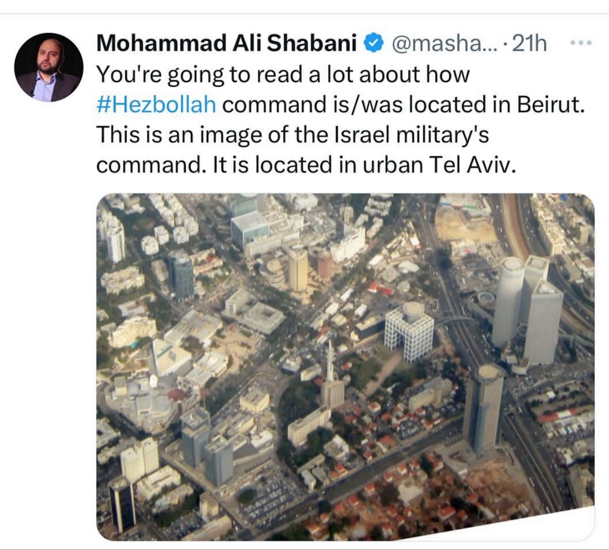 The above text and then an image of a densely packed urban center in Tel Aviv. 

Ceasefire now.