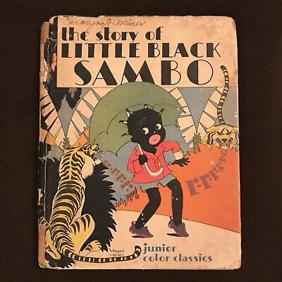 The cover of Little Black Sambo featuring a racist depiction of a scared child with overly drawn red lips and tar black skin and huge eyes. 