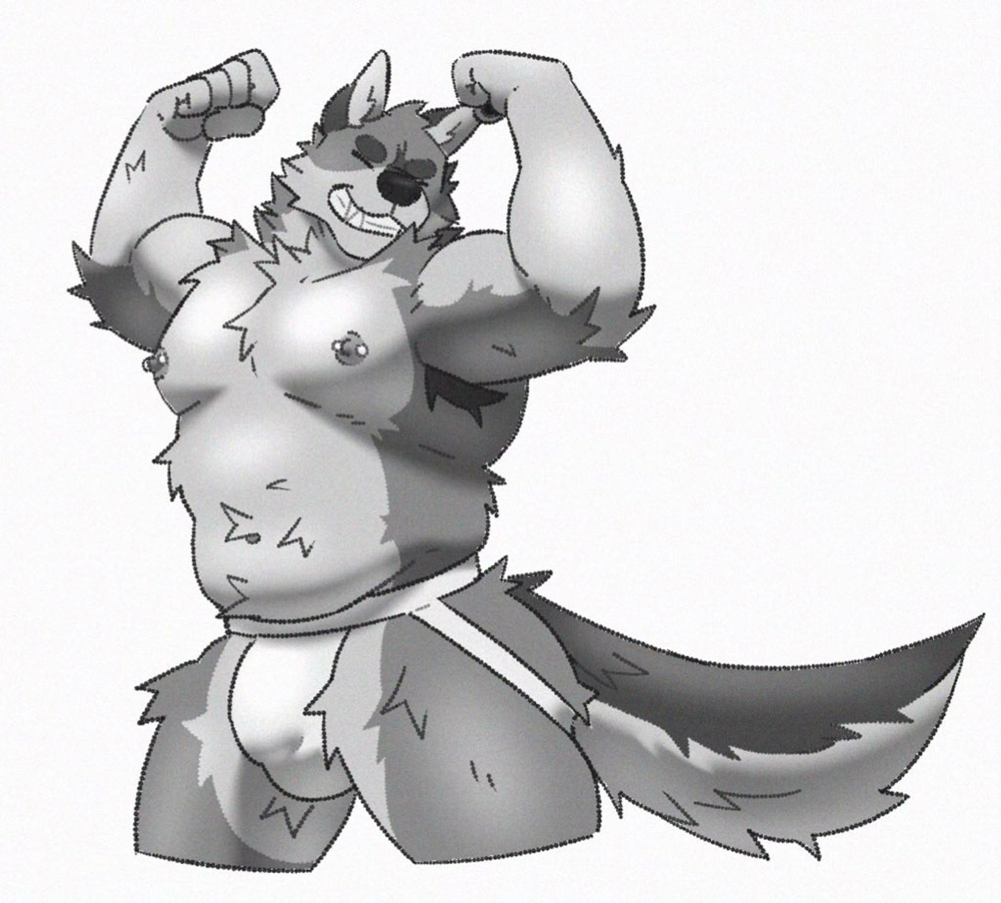 Soft yet muscular anthropomorphic wolf flexing his arms and has a big grin on his face. He is wearing nothing but a jockstrap on his