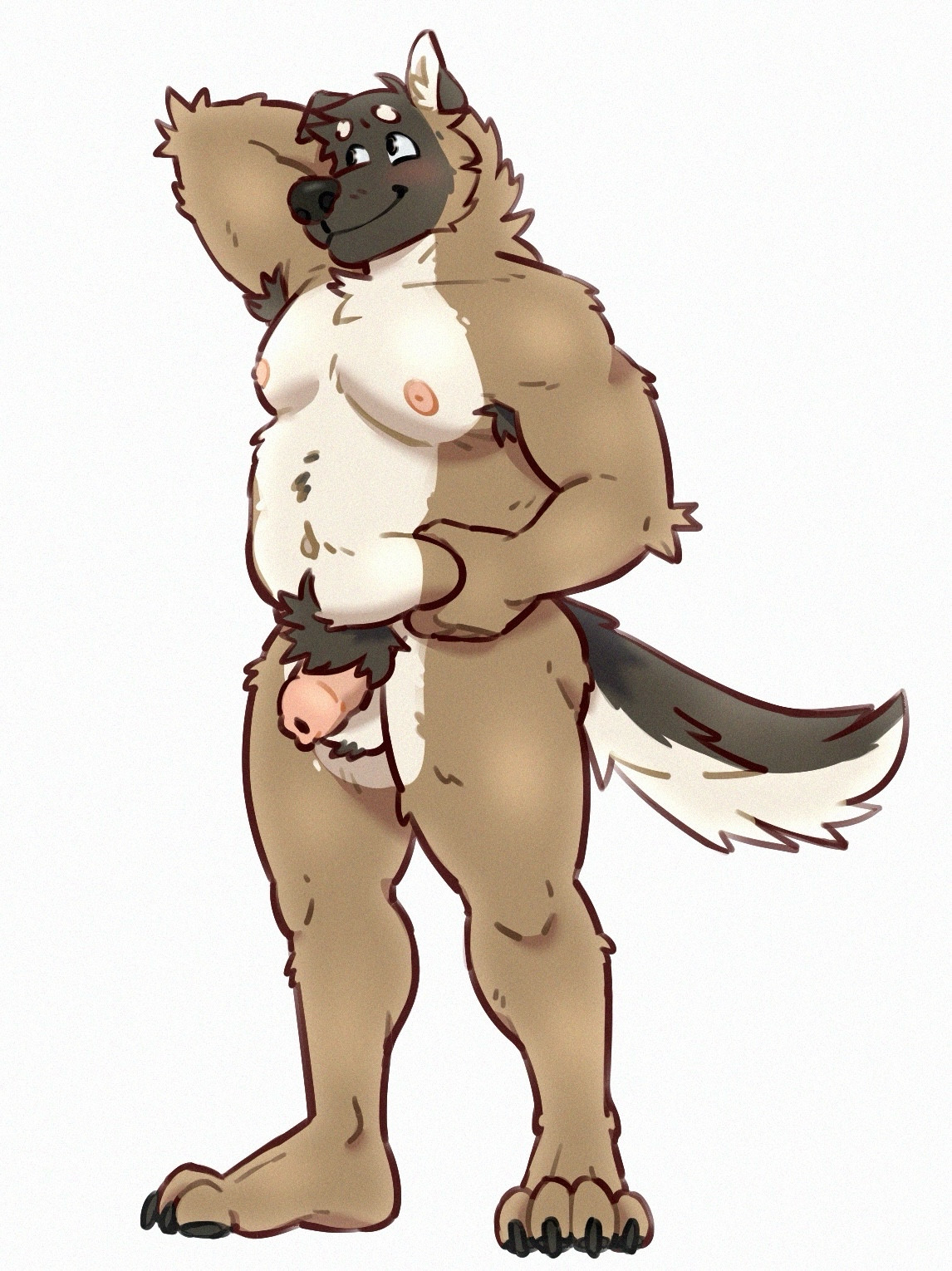 My German shepherd fursona standing at a 3/4 angle completely nude. His penis is soft yet thick, he grabs his fat stomach with one arm and his other is behind his head. His eyes look away all flustered.