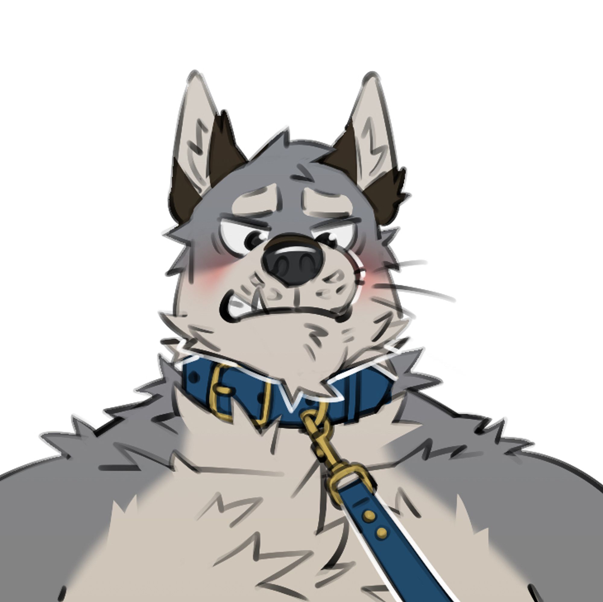 My werewolf OC, Travis, has a blue collar on with a matching blue leash tugging on it, but Travis is putting on a tough face even though he’s enjoying it