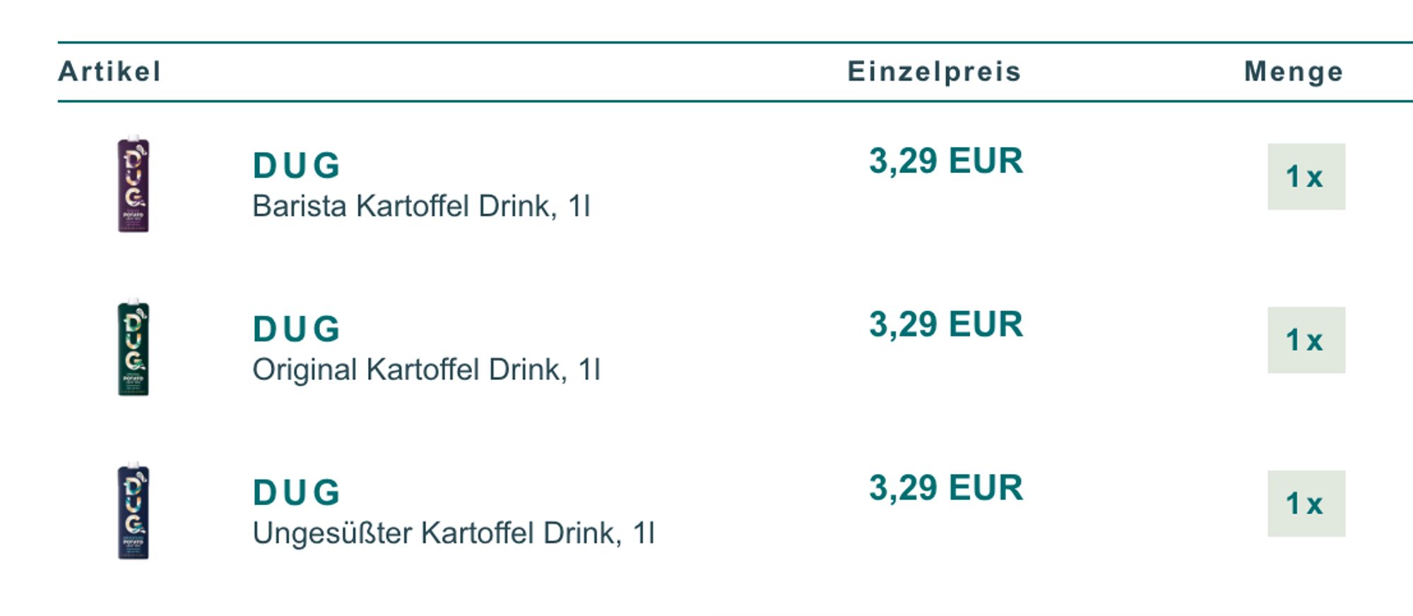 Screenshot einer Bestellung der veganen Kartoffelmilch "DUG" in drei Varianten.