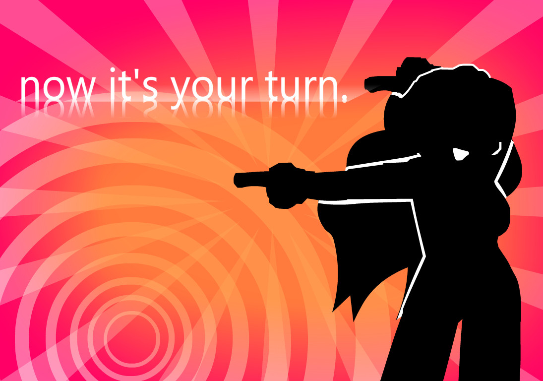 A sillouhette of a girl pointing to her side with the words "now it's your turn." in the air next to her, with a colorful bursting background behind her.