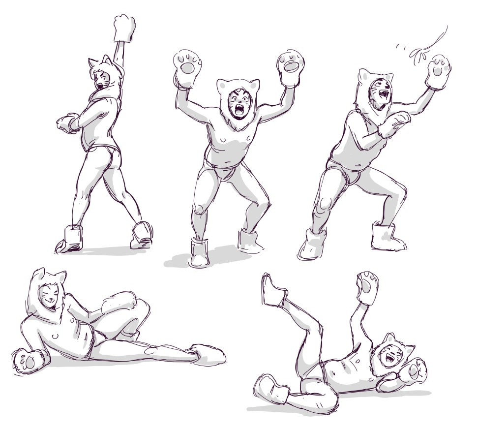 Five loose sketches of a guy wearing big cat paws and ears, in different poses