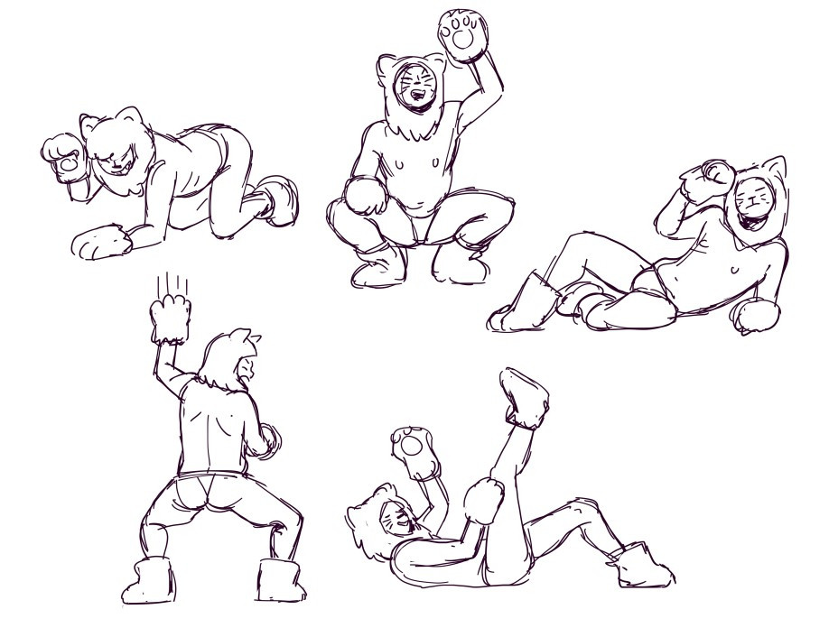 Five loose sketches of a guy wearing big cat paws and ears, in different poses